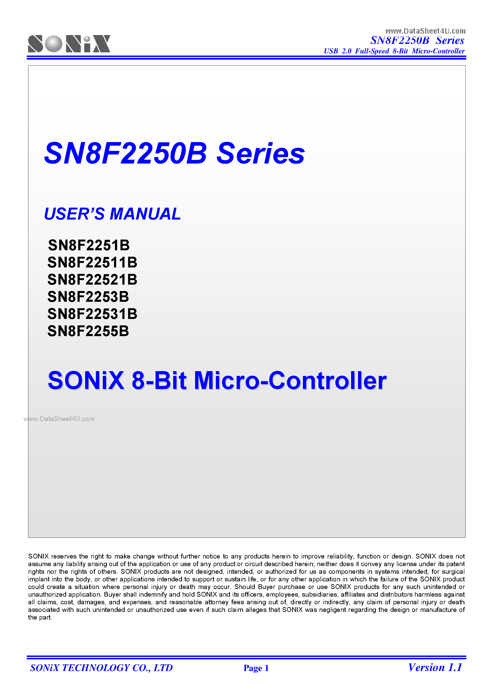 Datasheet SN8F2250B page 1 Datasheet SN8F2250B - 8-Bit Micro-Controller page 1