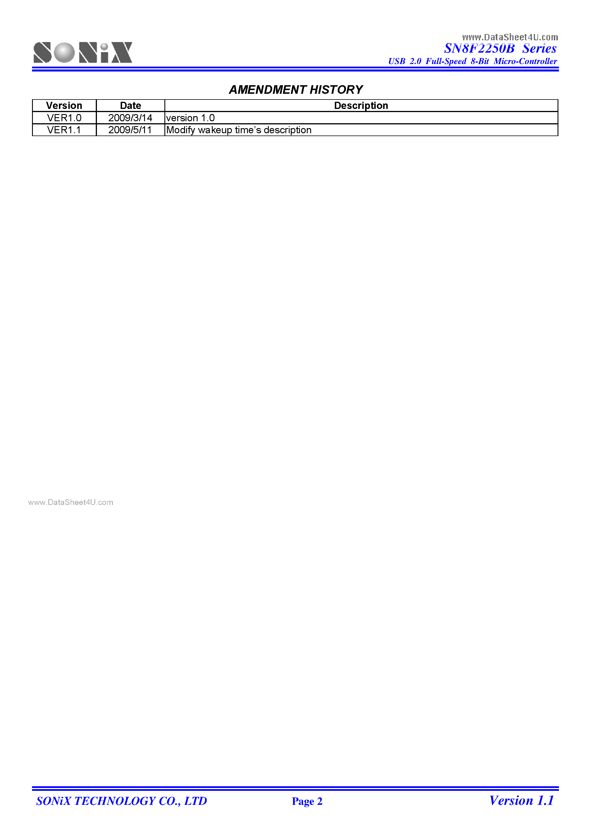 Datasheet SN8F2250B page 2 Datasheet SN8F2250B - 8-Bit Micro-Controller page 2