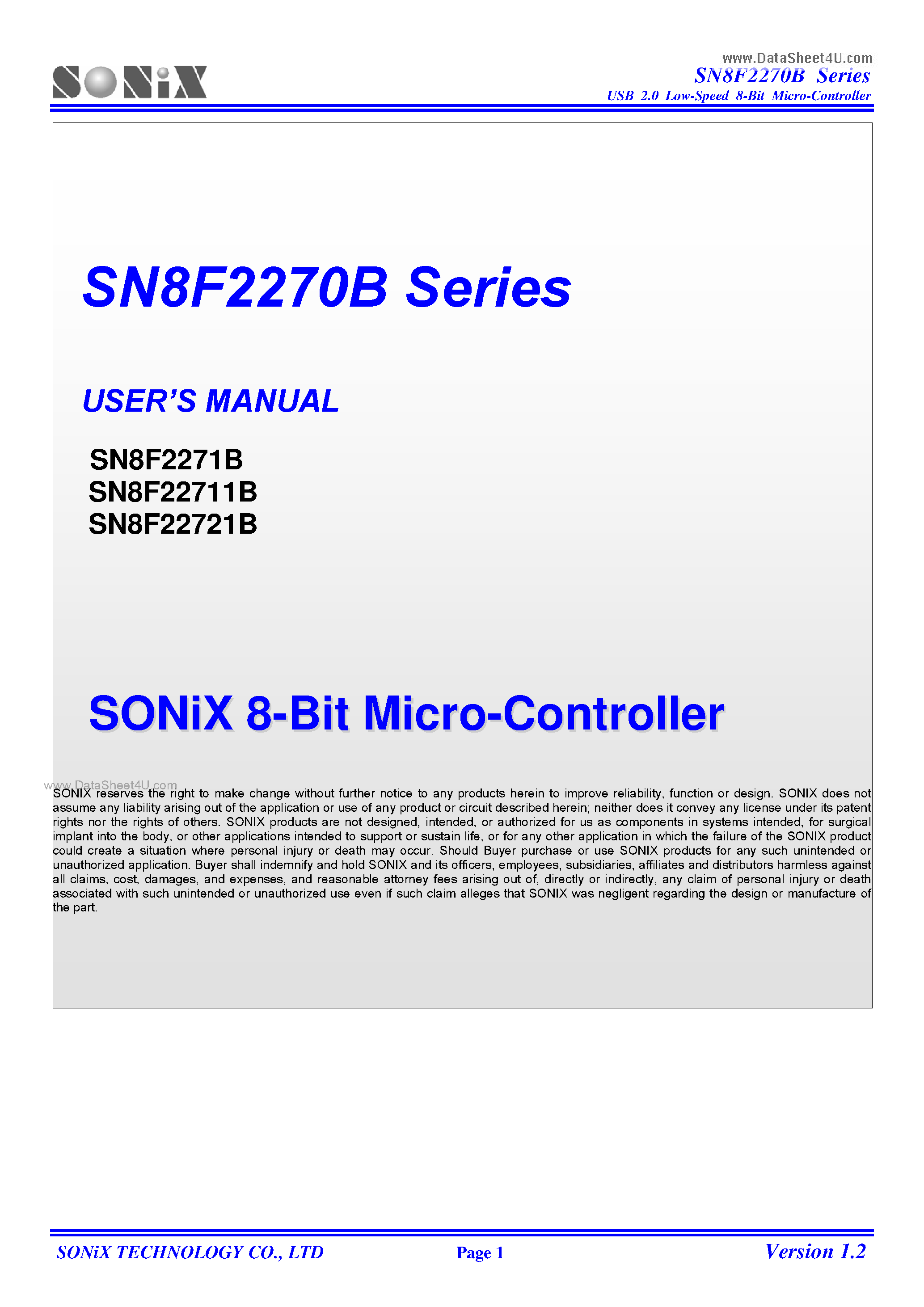 Datasheet SN8F2270B page 1 Datasheet SN8F2270B - 8-Bit Micro-Controller page 1