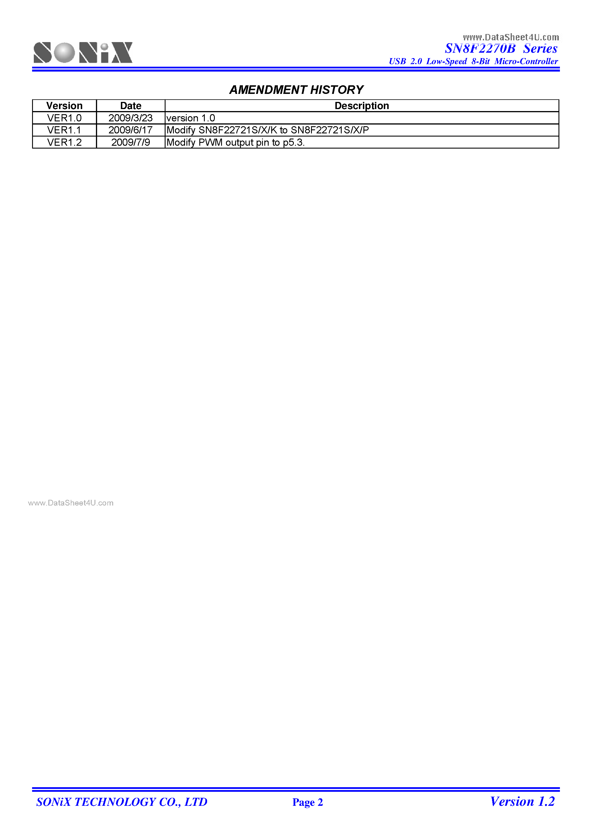 Datasheet SN8F2270B page 2 Datasheet SN8F2270B - 8-Bit Micro-Controller page 2