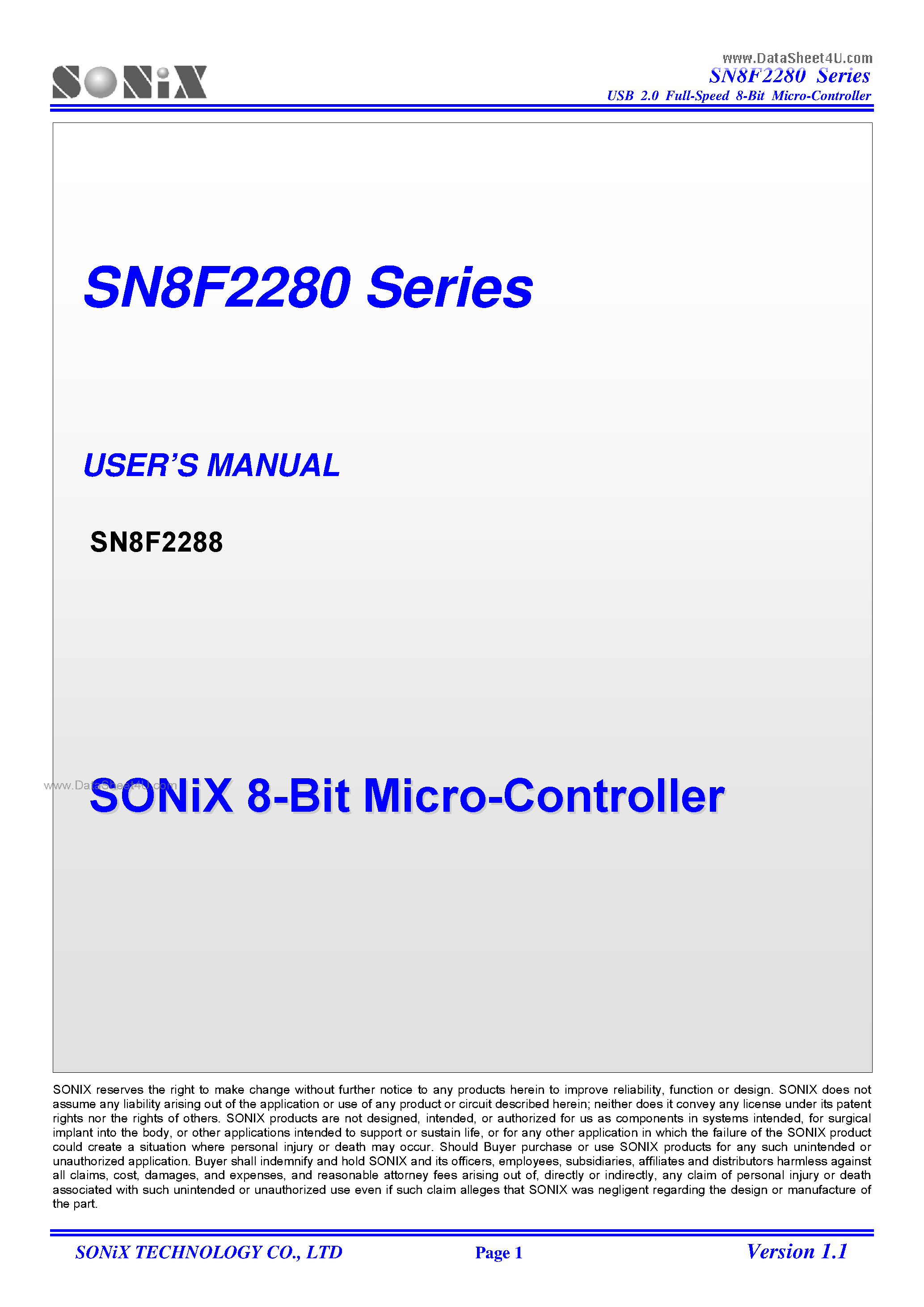 Datasheet SN8F2280 - 8-Bit Micro-Controller page 1