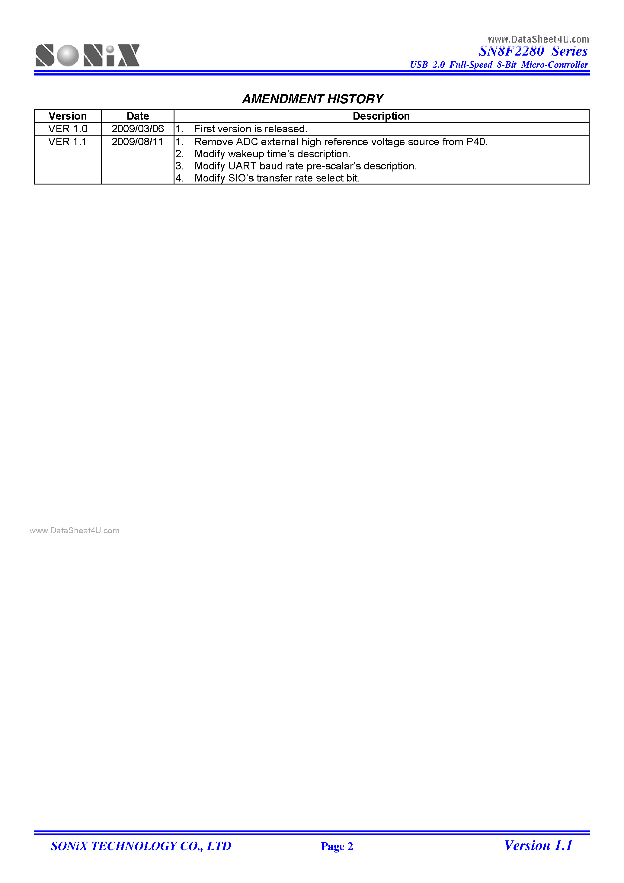 Datasheet SN8F2280 - 8-Bit Micro-Controller page 2