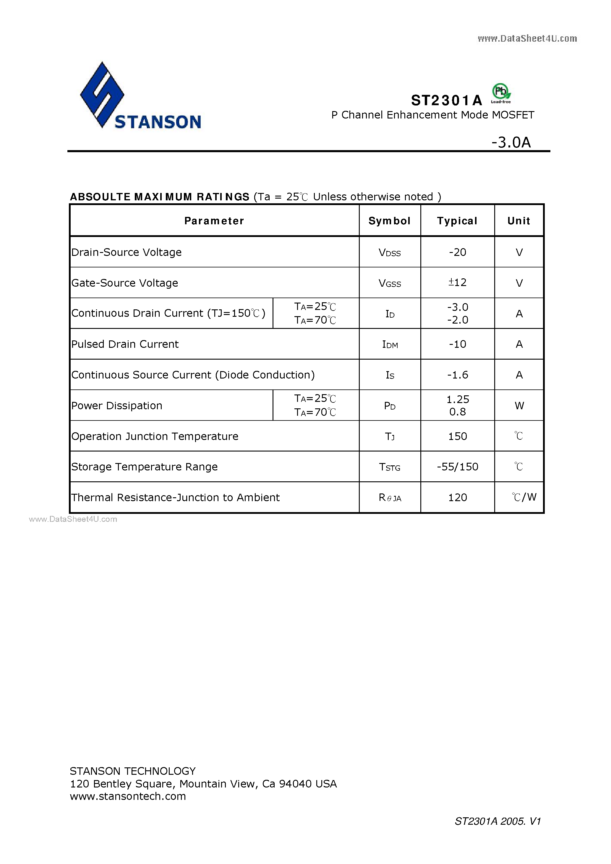 Datasheet ST2301A page 2 Datasheet ST2301A - P Channel Enhancement Mode MOSFET page 2