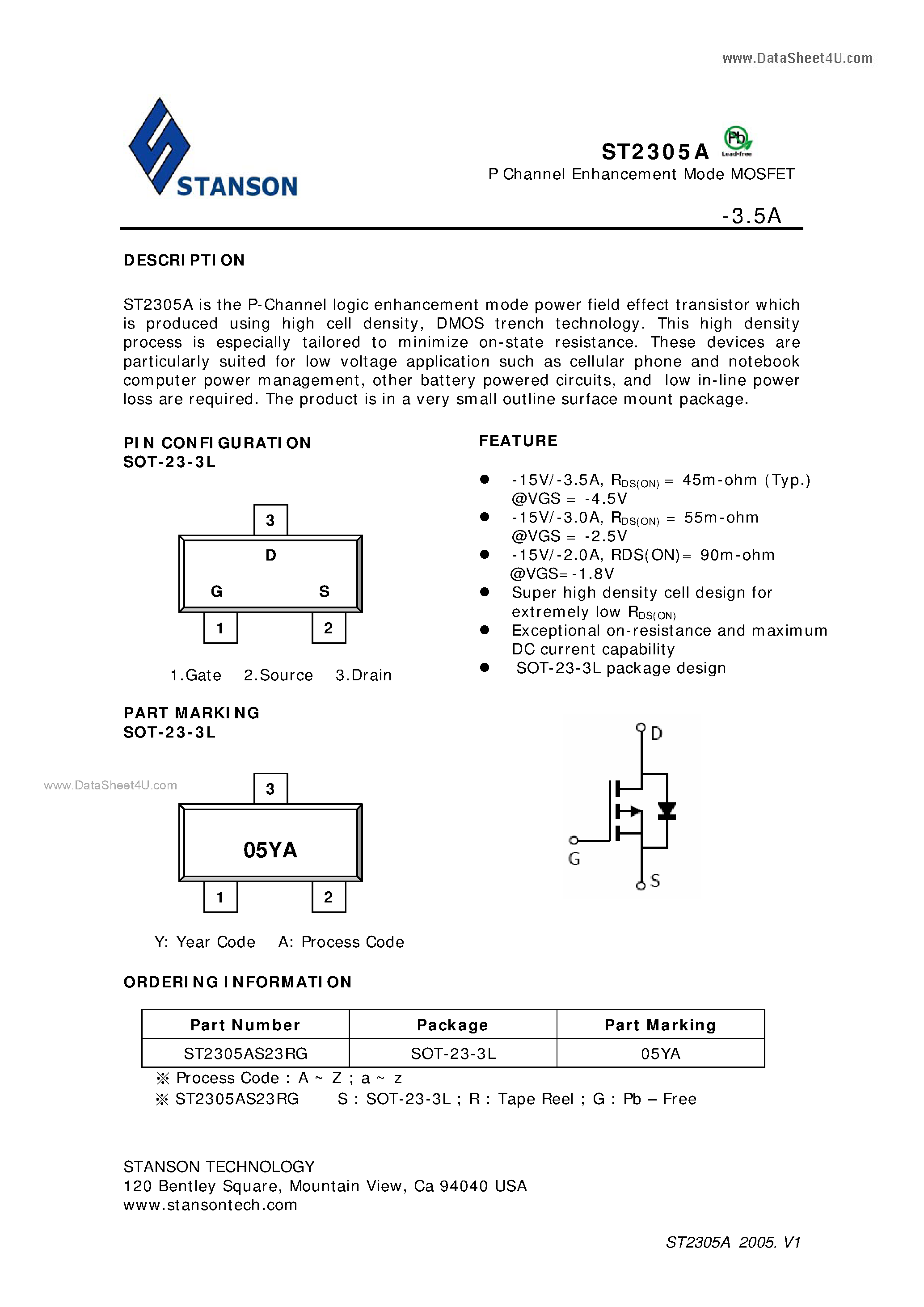 Datasheet ST2305A - P Channel Enhancement Mode MOSFET page 1