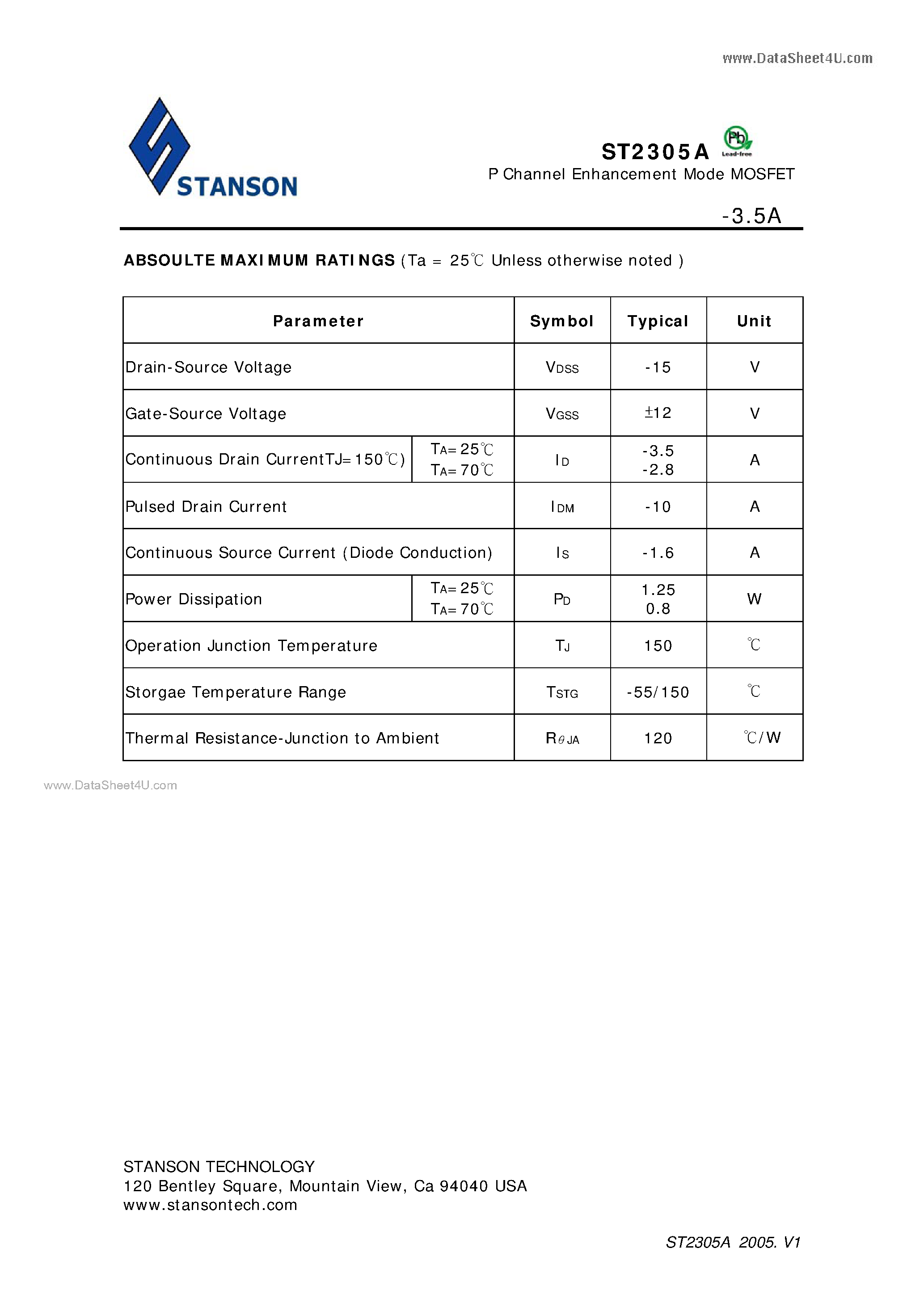 Datasheet ST2305A - P Channel Enhancement Mode MOSFET page 2