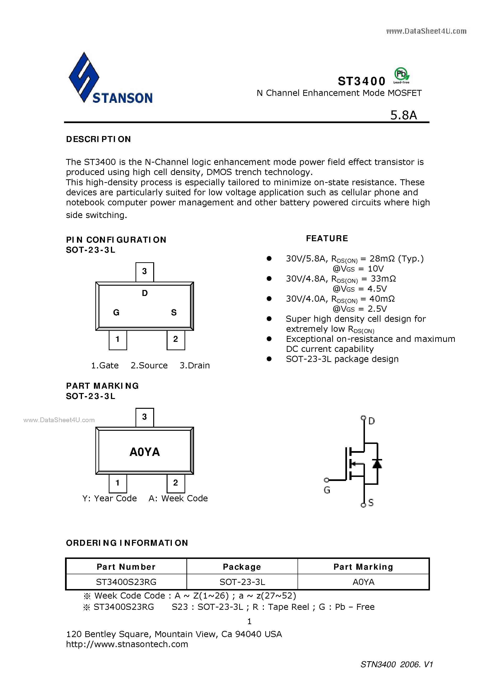 Даташит ST3400 - N Channel Enhancement Mode MOSFET страница 1