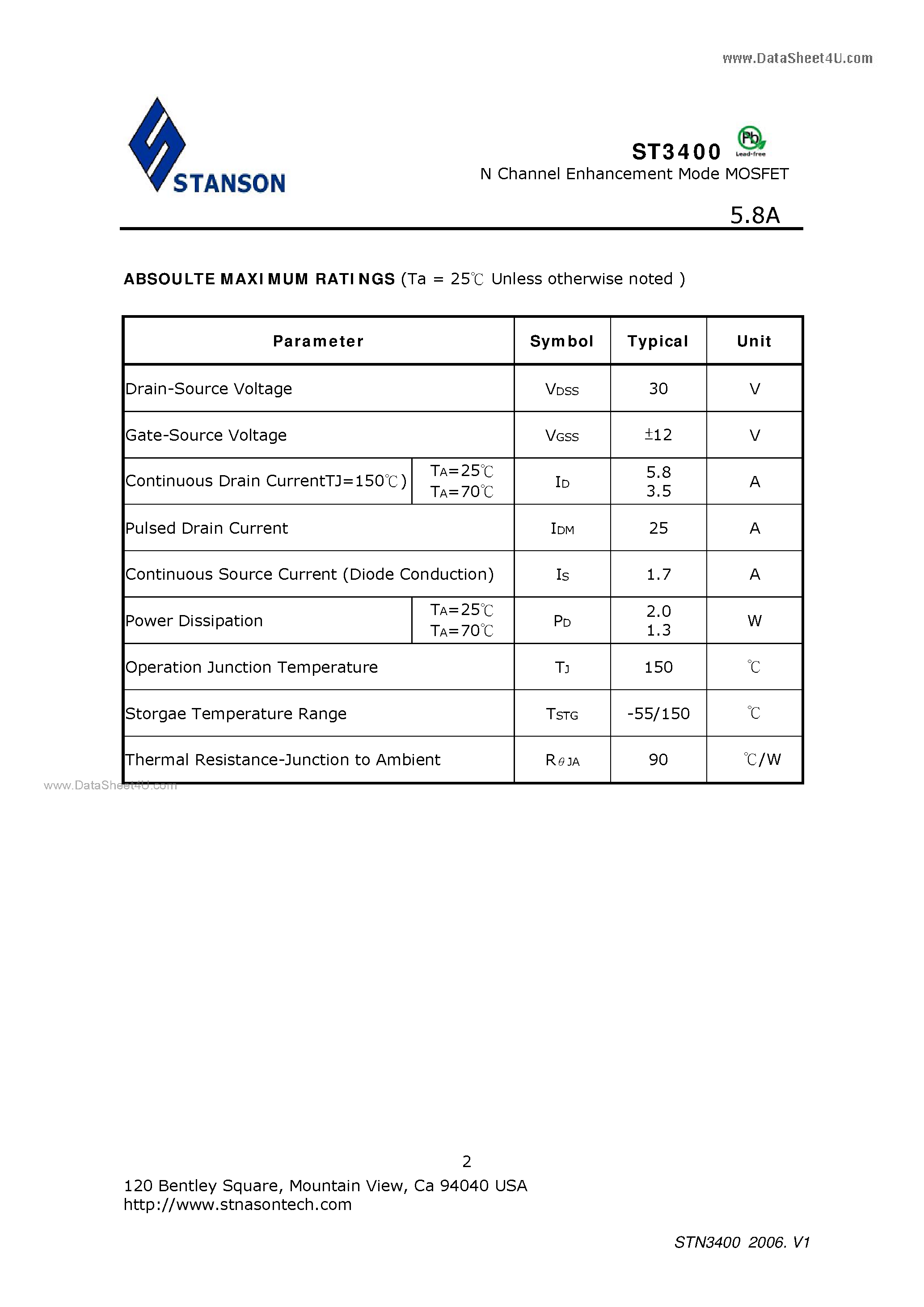 Даташит на микросхему ST3400 страница 2 Даташит ST3400 - N Channel Enhancement Mode MOSFET страница 2