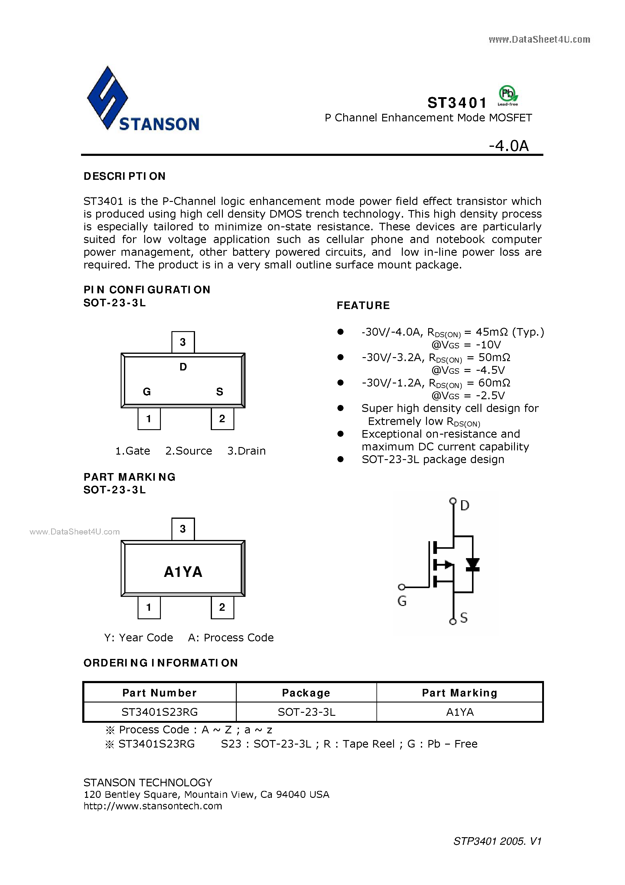 Даташит ST3401 - P Channel Enhancement Mode MOSFET страница 1