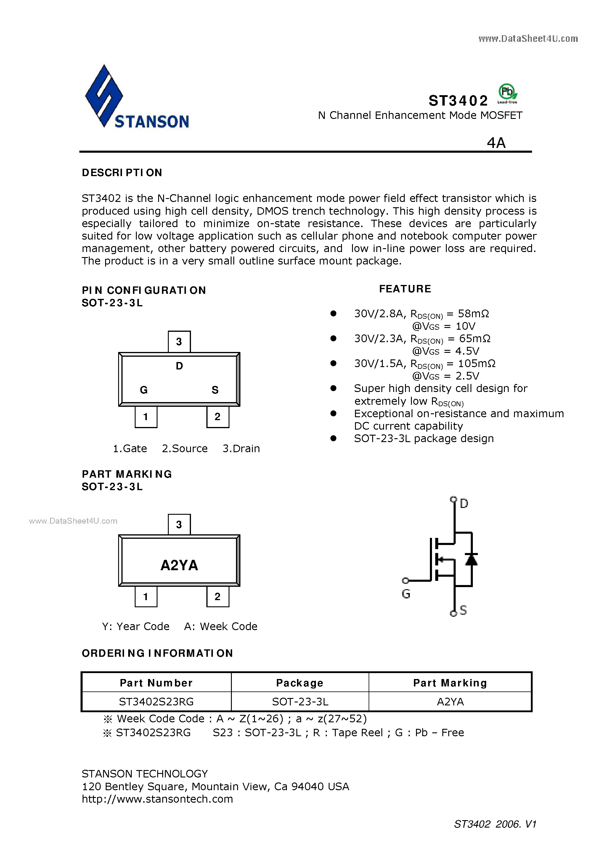 Даташит ST3402 - N Channel Enhancement Mode MOSFET страница 1