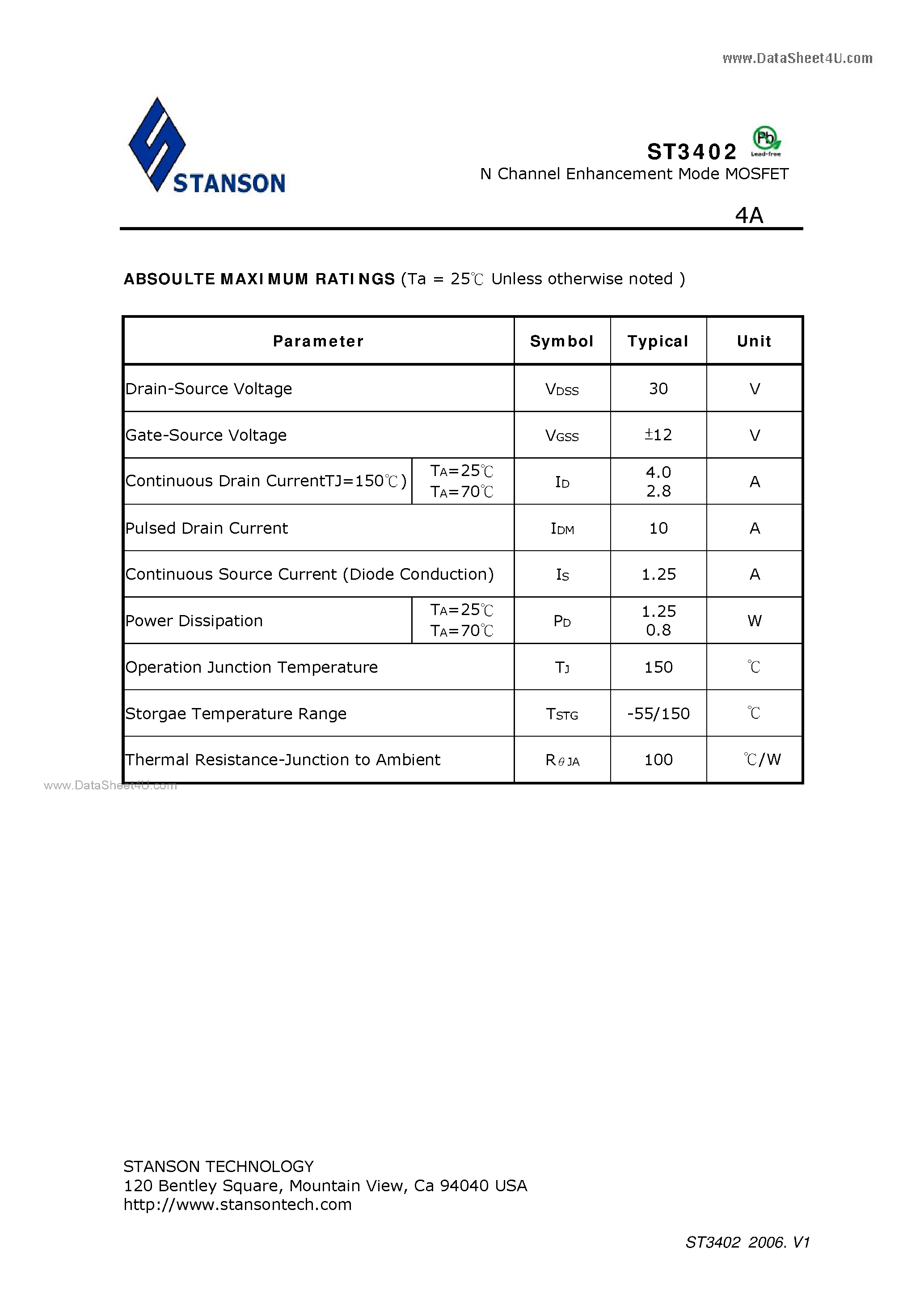 Даташит ST3402 - N Channel Enhancement Mode MOSFET страница 2