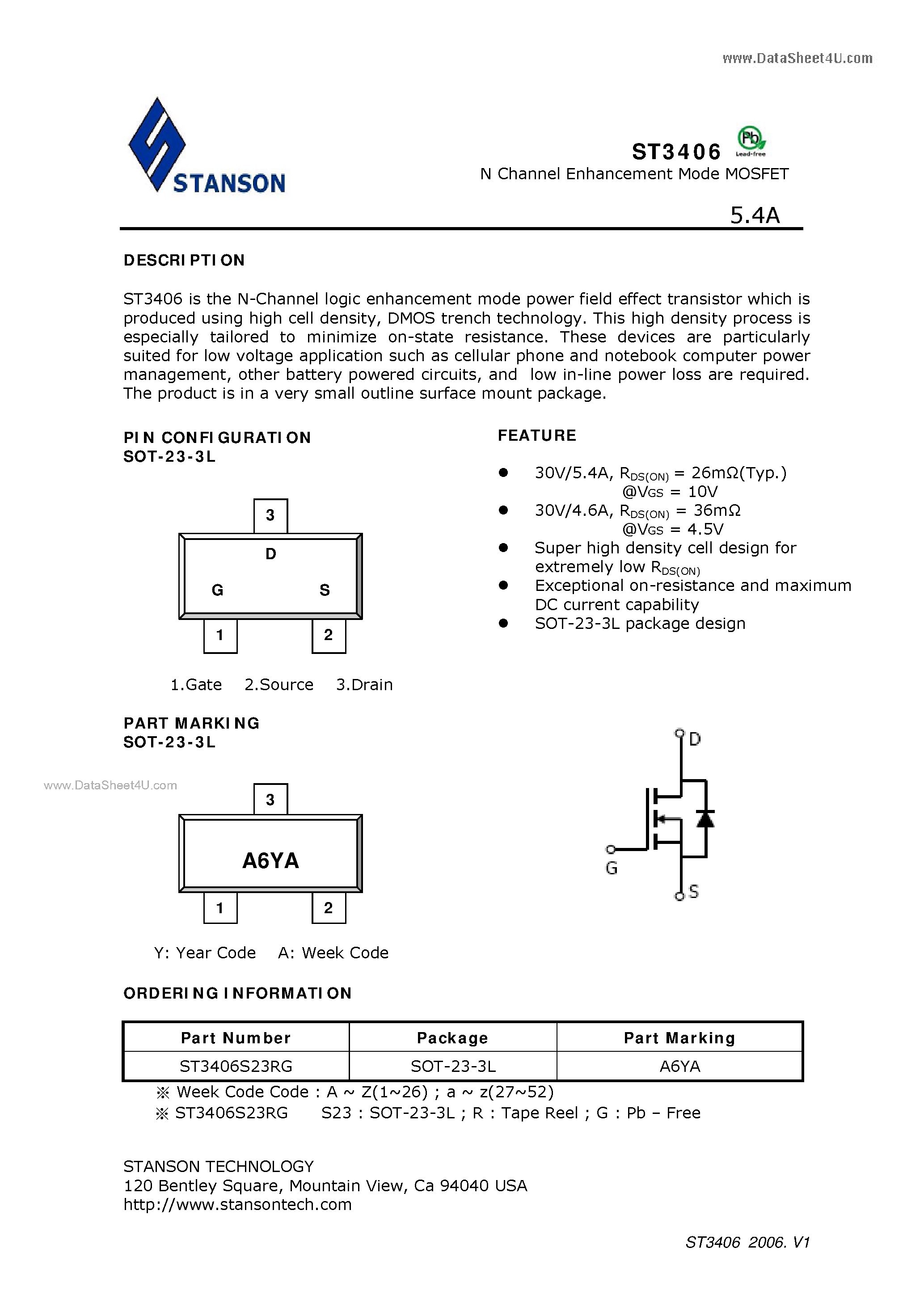Datasheet ST3406 - N Channel Enhancement Mode MOSFET page 1