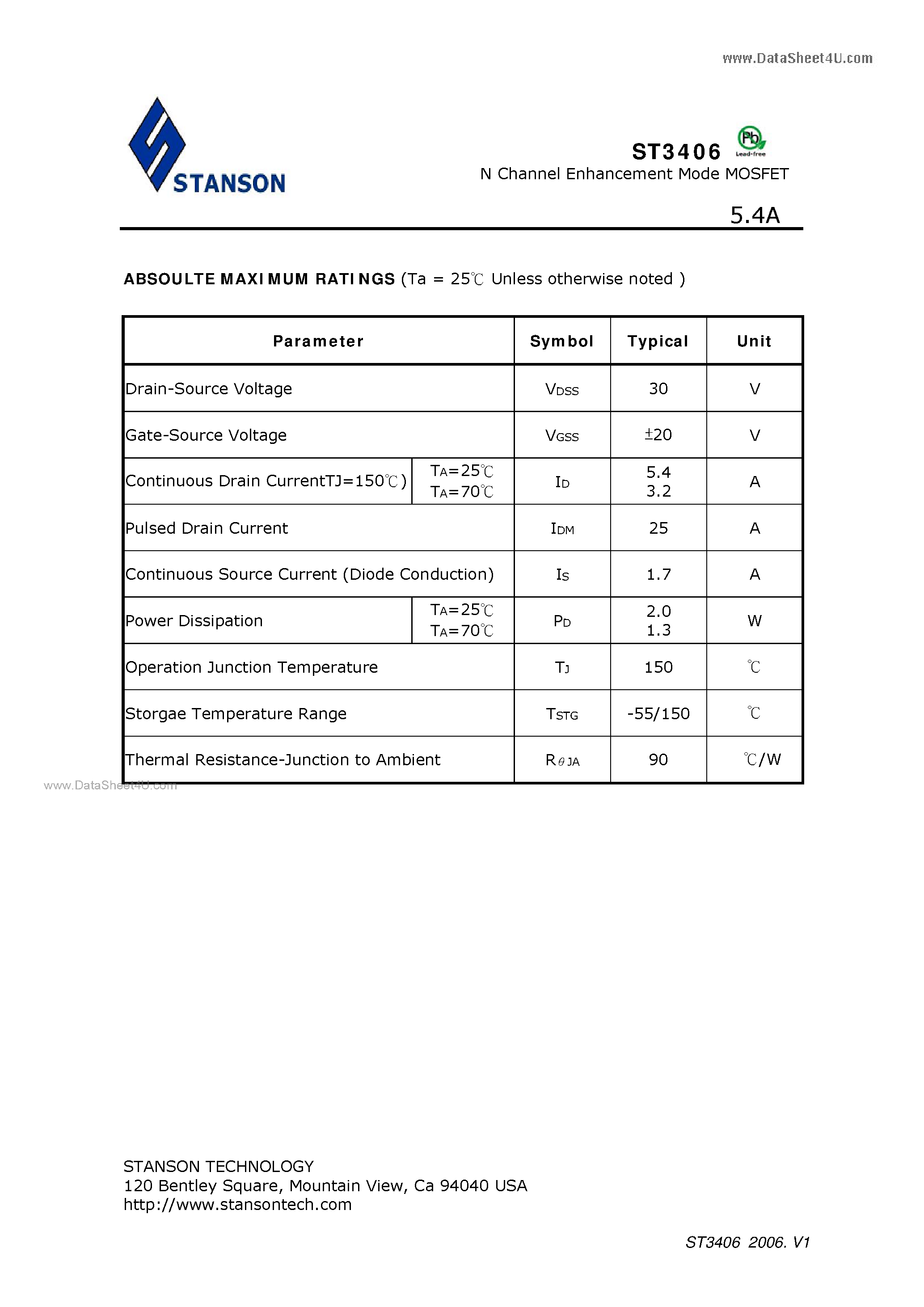 Даташит на микросхему ST3406 страница 2 Даташит ST3406 - N Channel Enhancement Mode MOSFET страница 2