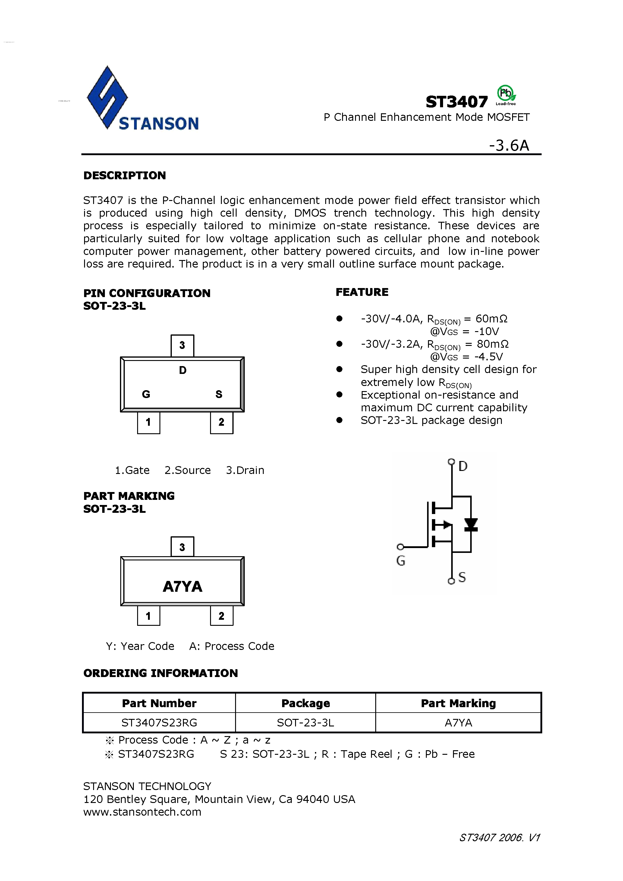 Datasheet ST3407 - P Channel Enhancement Mode MOSFET page 1