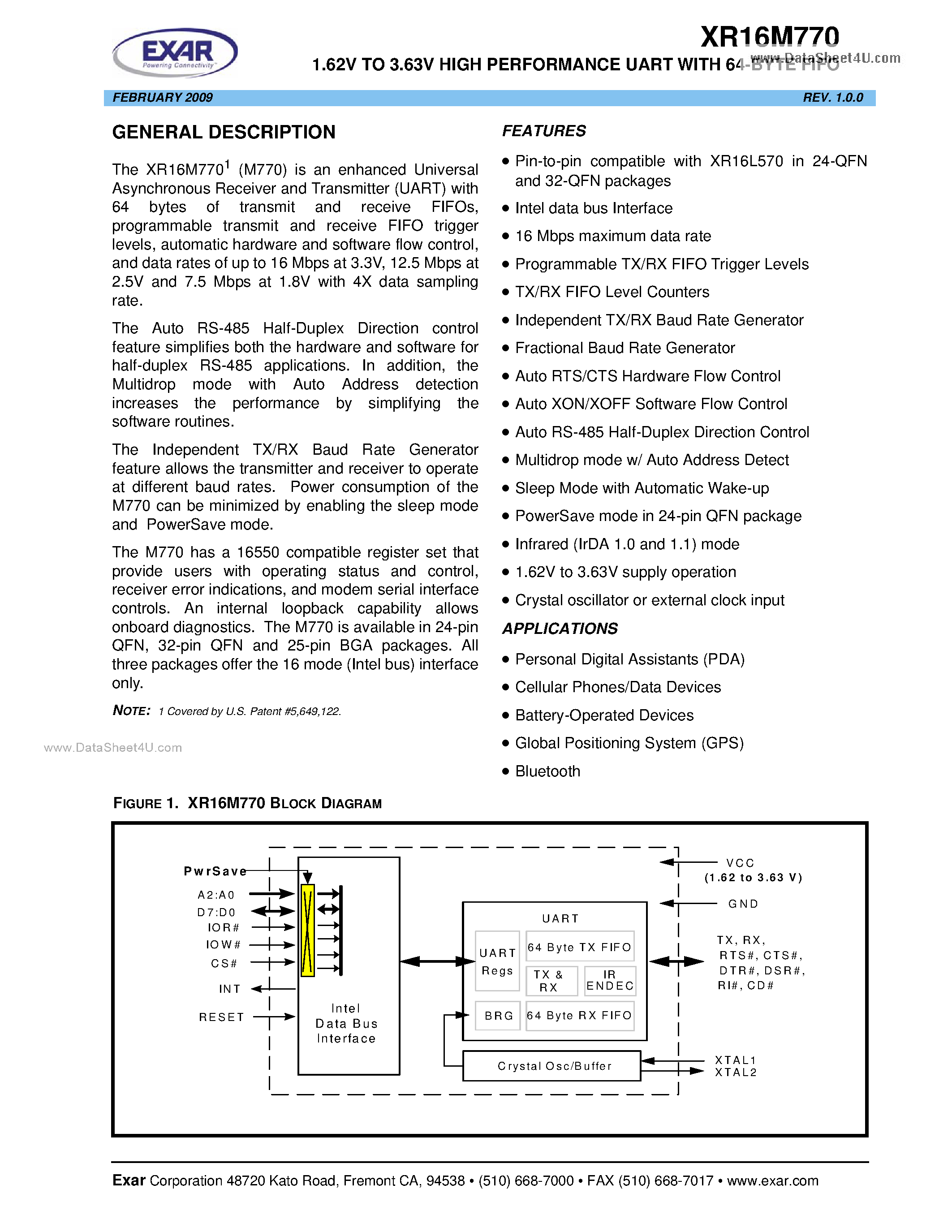 Даташит на микросхему XR16M770 страница 1 Даташит XR16M770 - 1.62V TO 3.63V HIGH PERFORMANCE UART страница 1