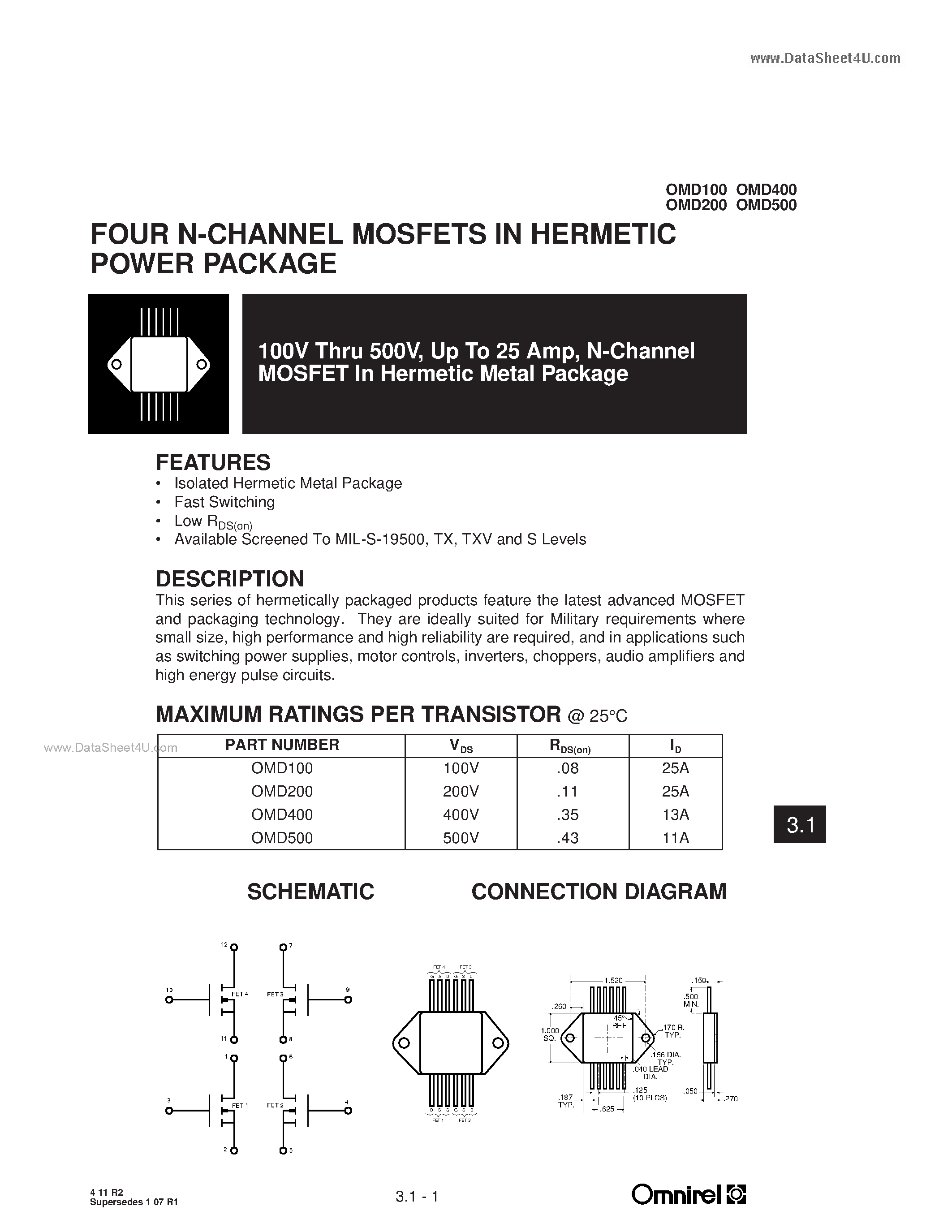 Datasheet OMD100 - (OMD100 - OMD500) FOUR N-CHANNEL MOSFETS IN HERMETIC POWER PACKAGE page 1