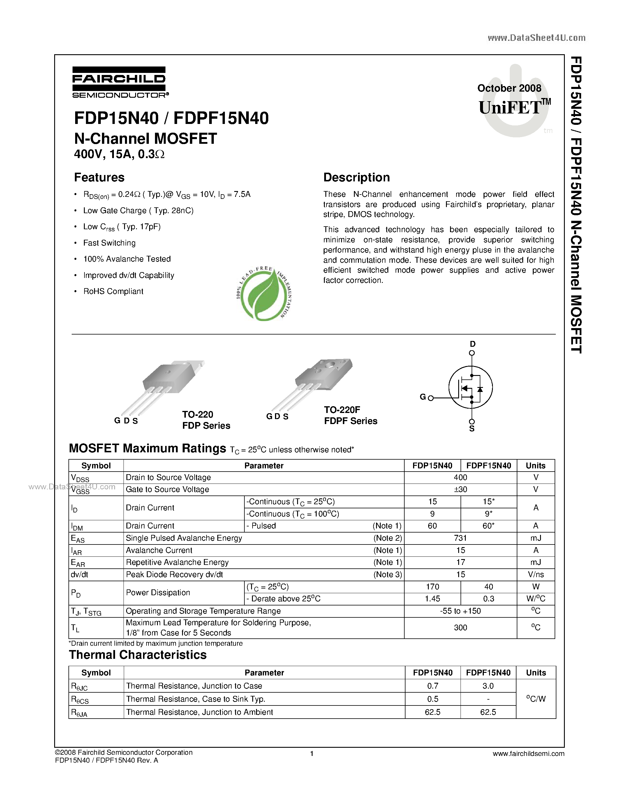 Datasheet FDP15N40 - N-Channel MOSFET page 1