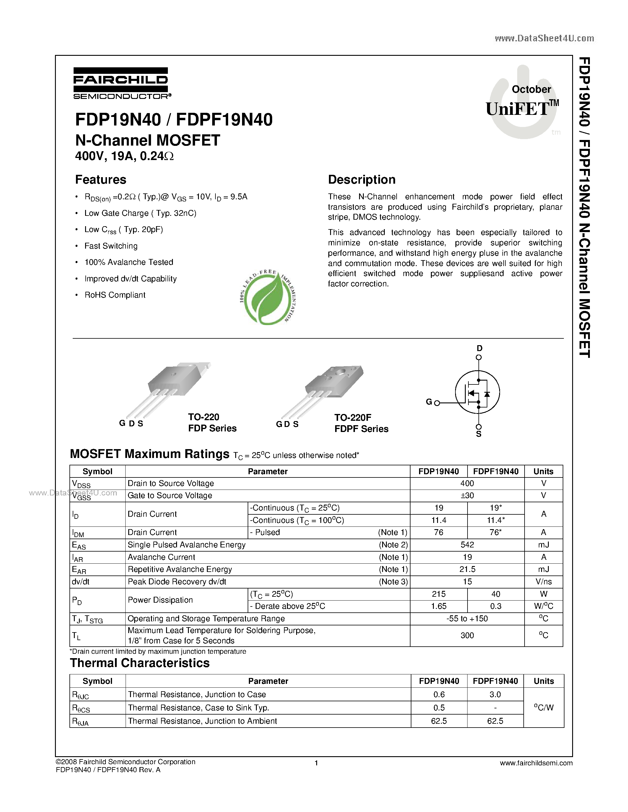 Datasheet FDP19N40 - N-Channel MOSFET page 1