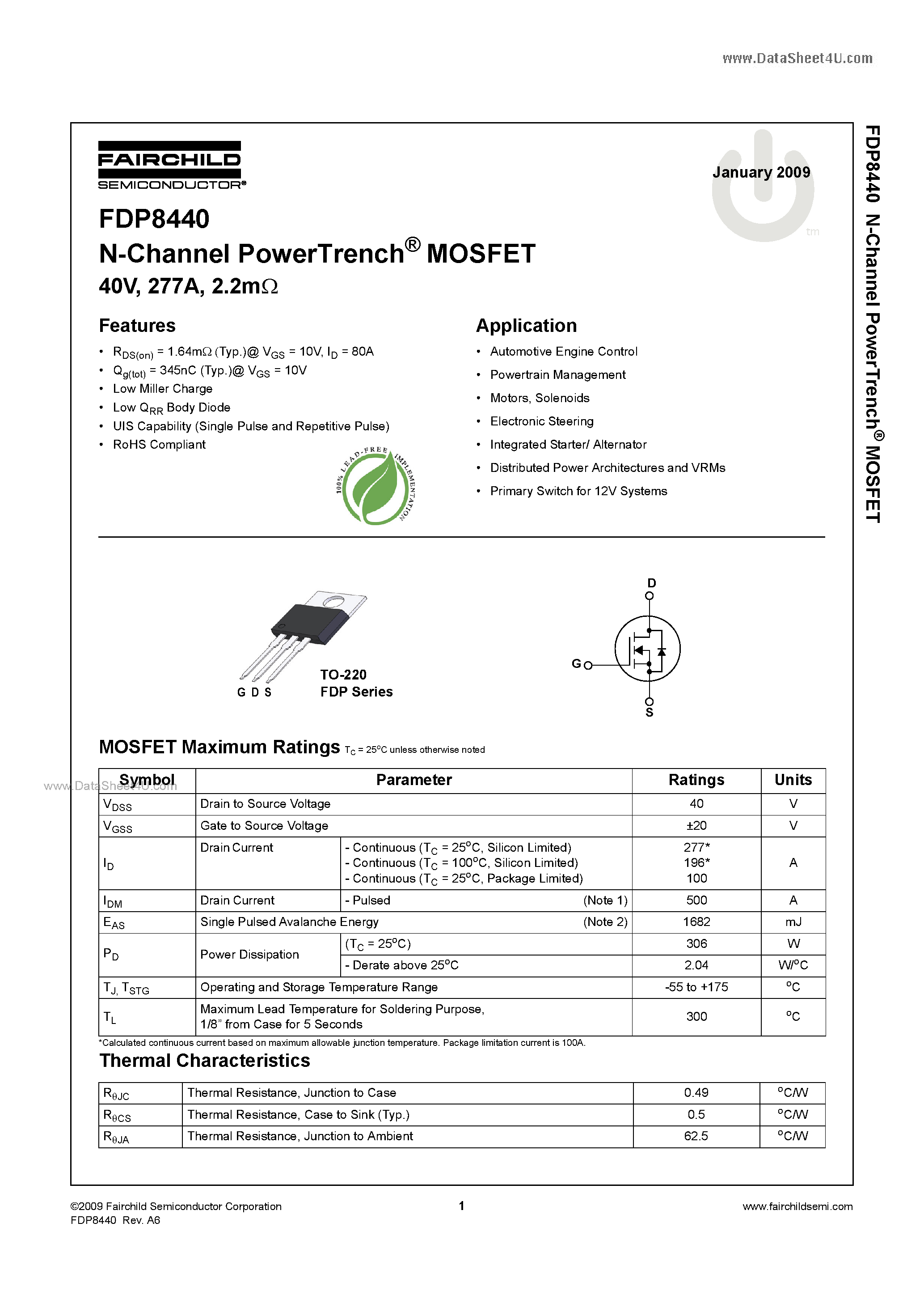 Datasheet FDP8440 - N-Channel MOSFET page 1
