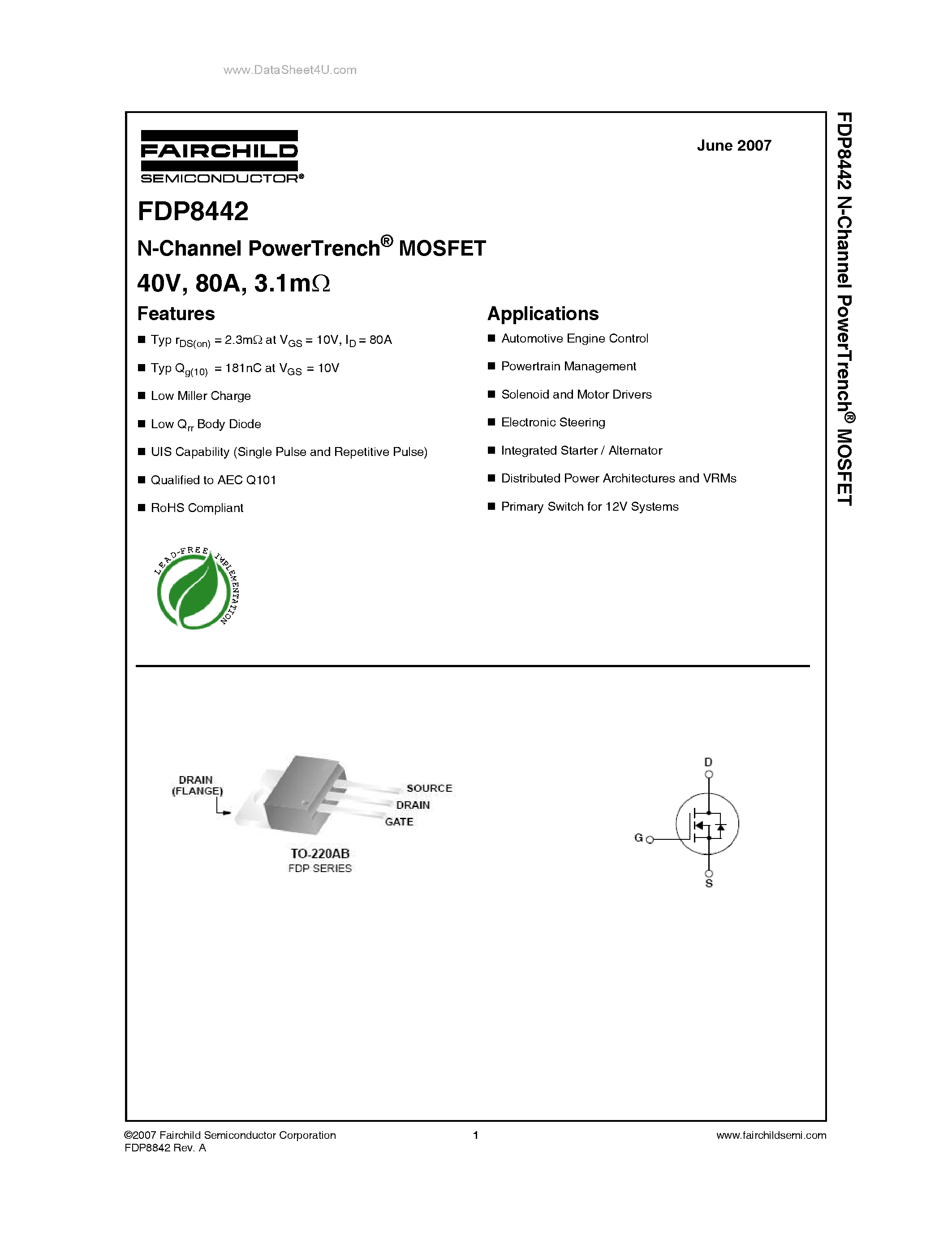 Datasheet FDP8442 - N-Channel MOSFET page 1