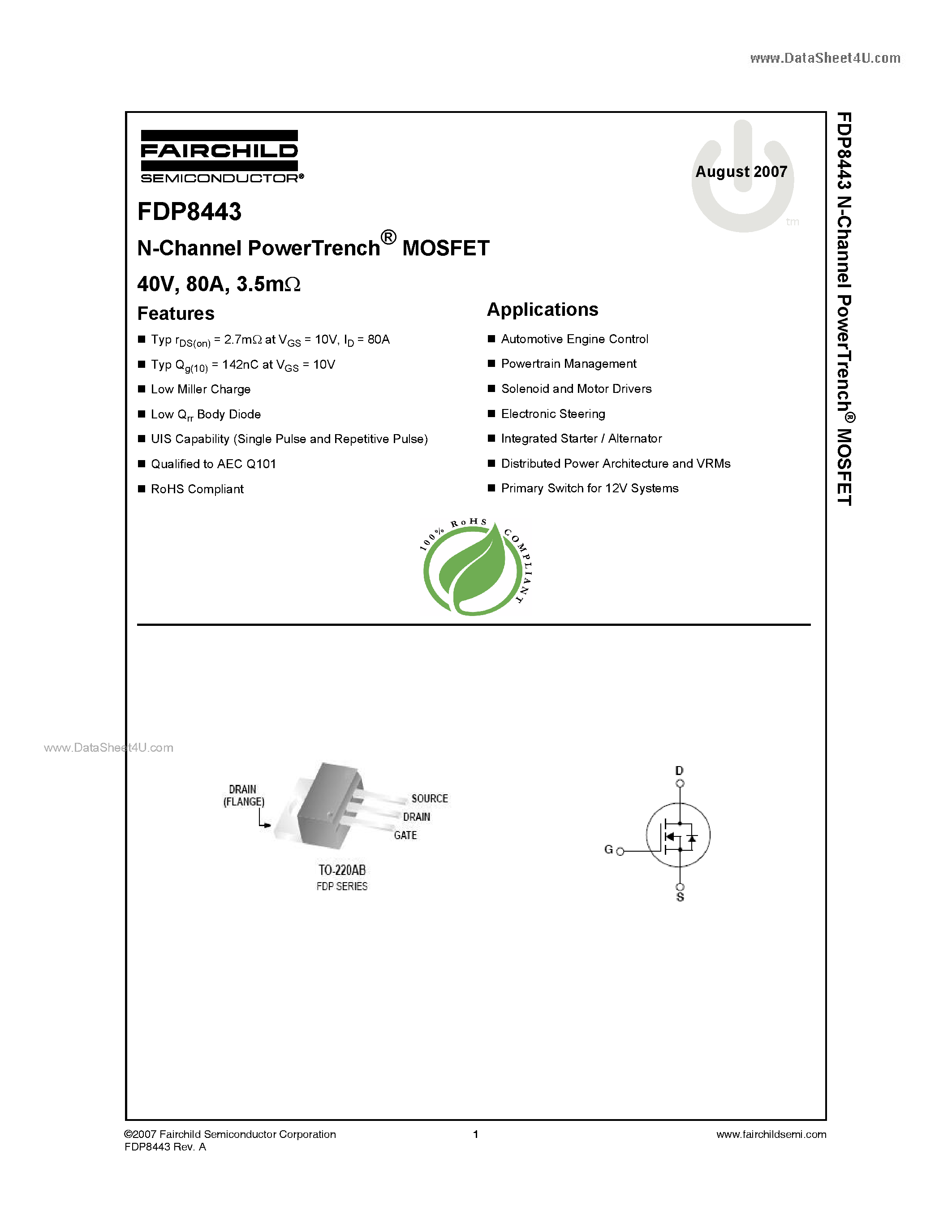 Datasheet FDP8443 - N-Channel MOSFET page 1