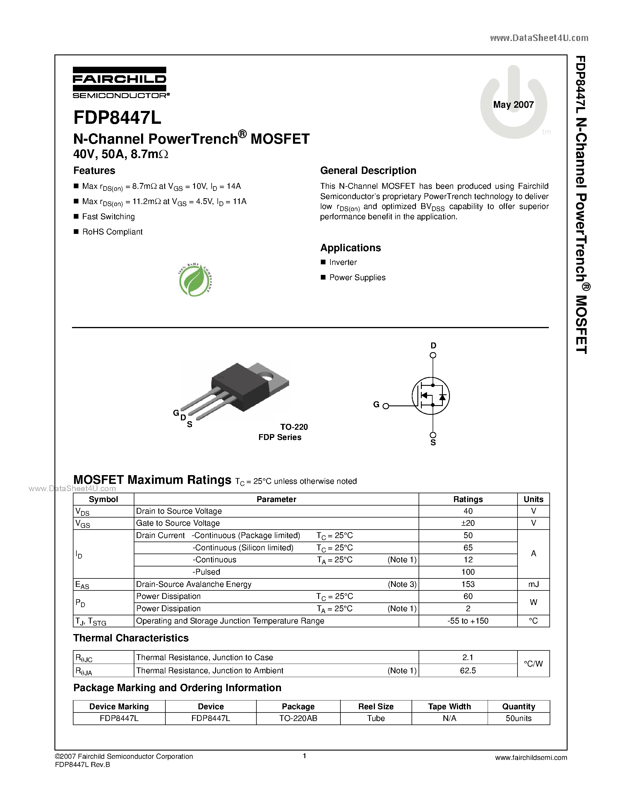 Datasheet FDP8447L - N-Channel MOSFET page 1
