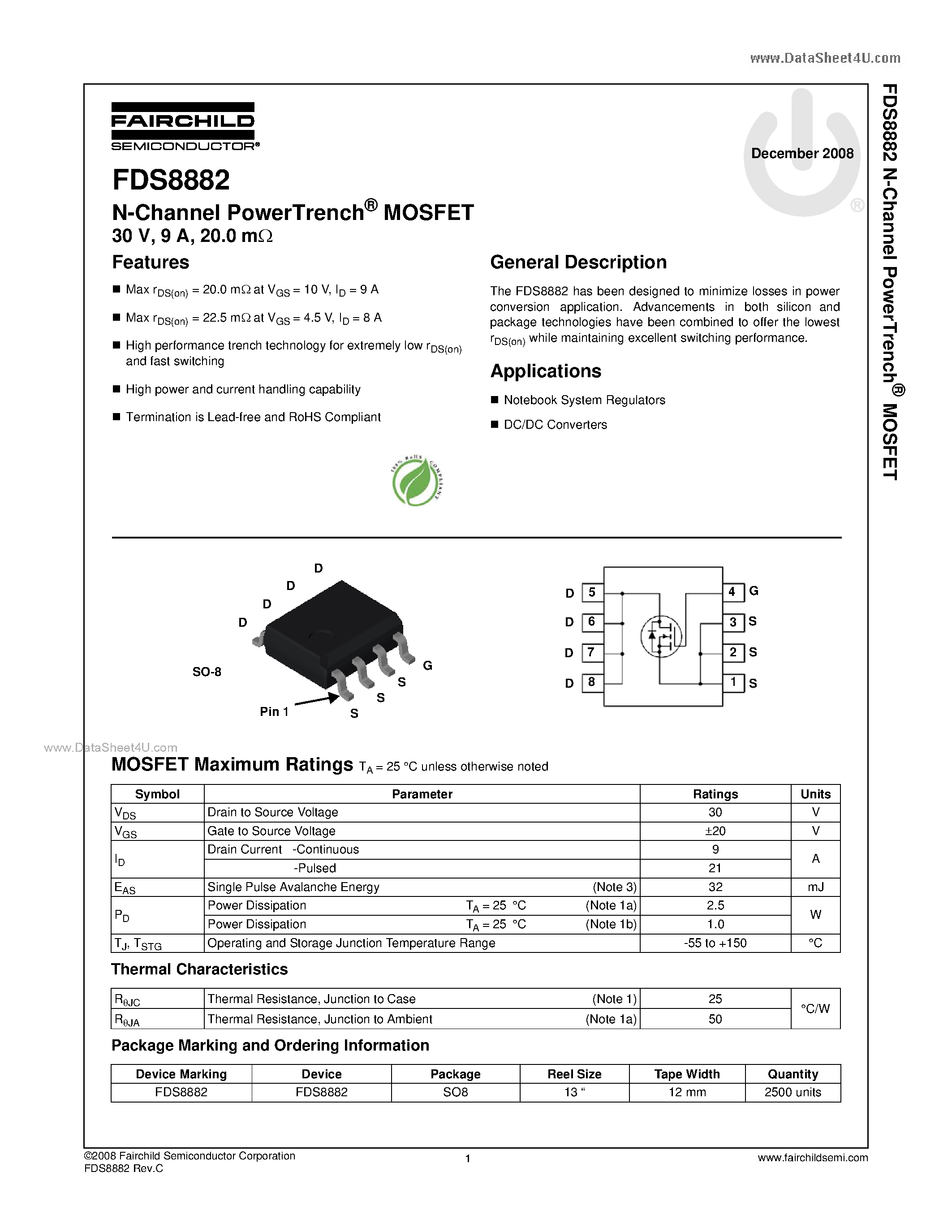 Даташит FDS8882 - N-Channel MOSFET страница 1