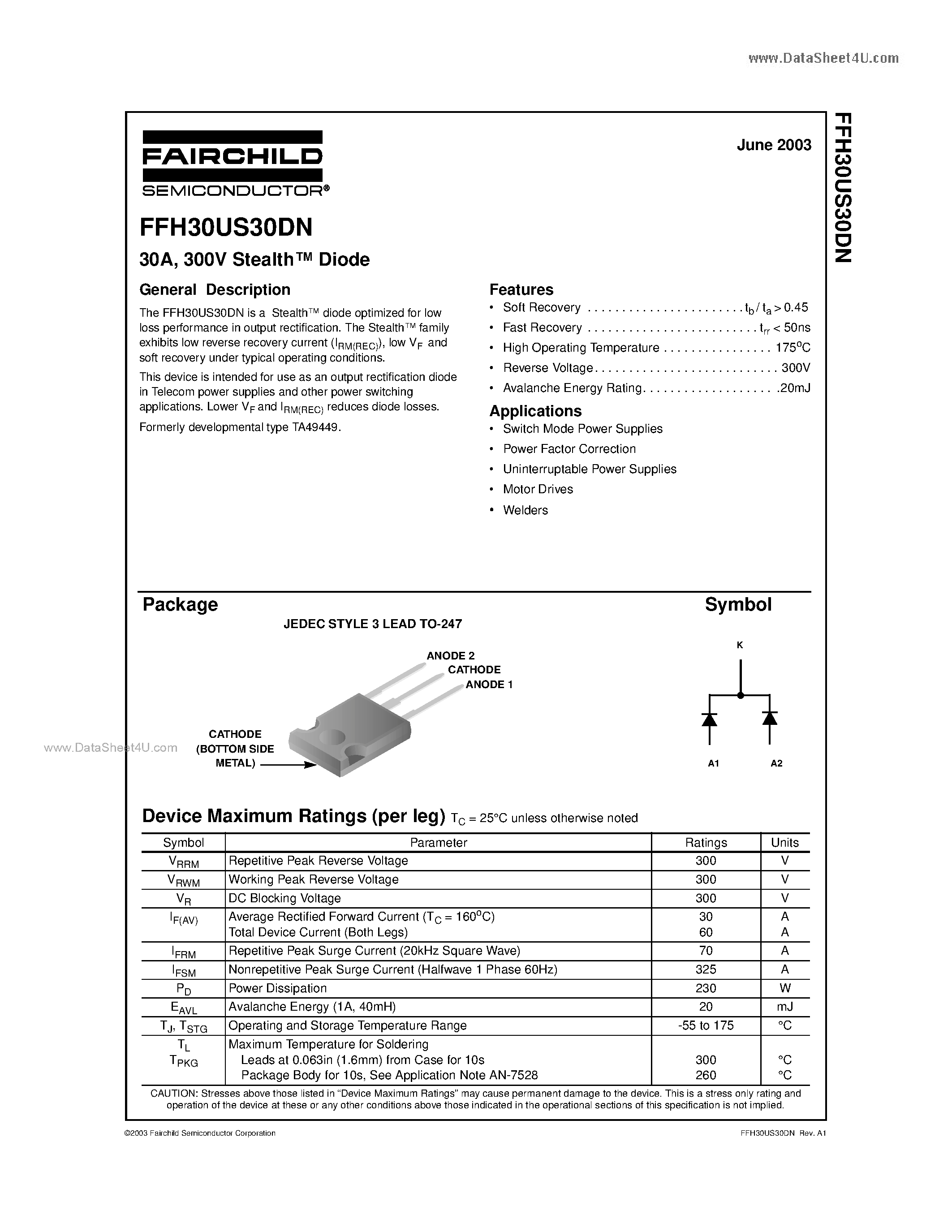 Datasheet FFH30US30DN - 300V Stealth Diode page 1