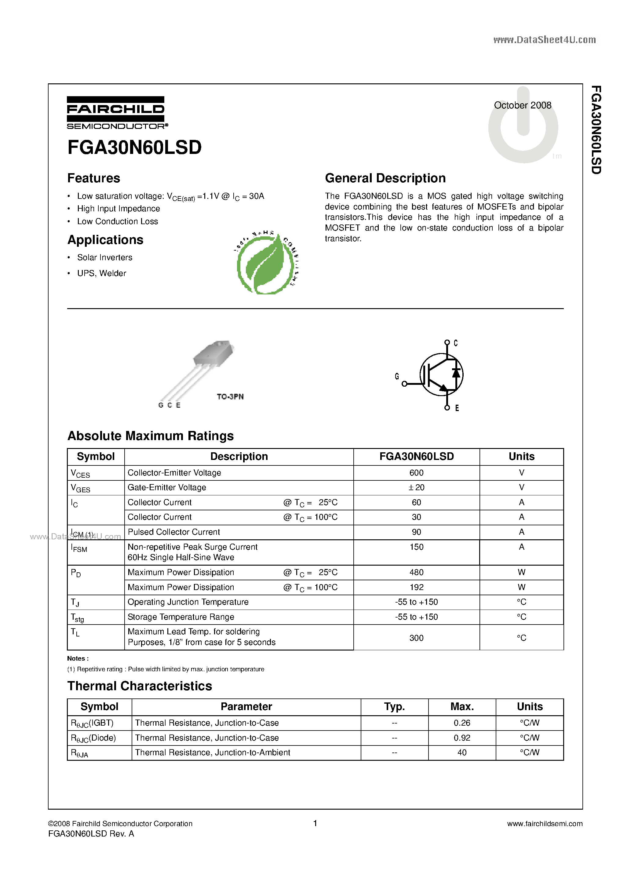 Даташит FGA30N60LSD - MOSFETs and bipolar transistors страница 1