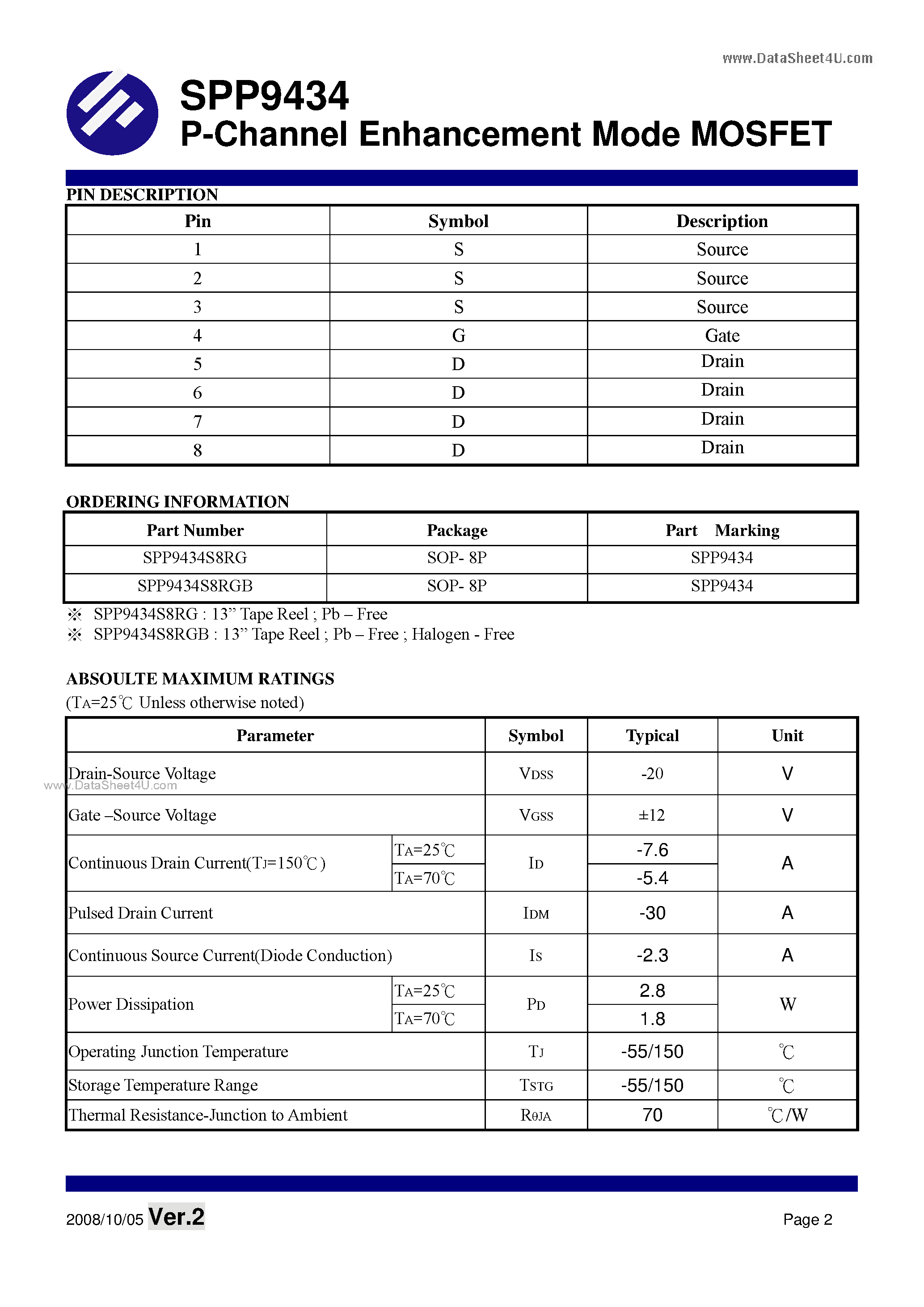 Datasheet SPP9434 - P-Channel Enhancement Mode MOSFET page 2