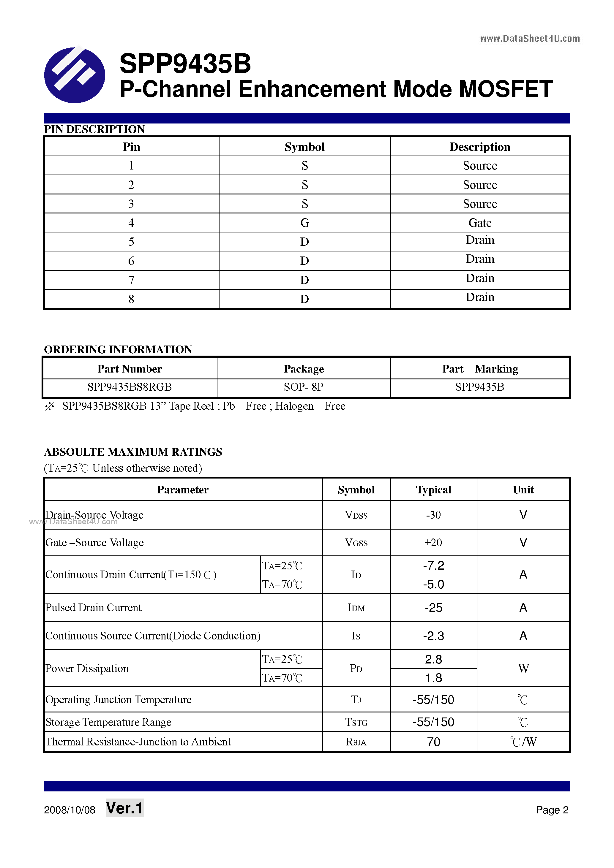 Datasheet SPP9435B - P-Channel Enhancement Mode MOSFET page 2