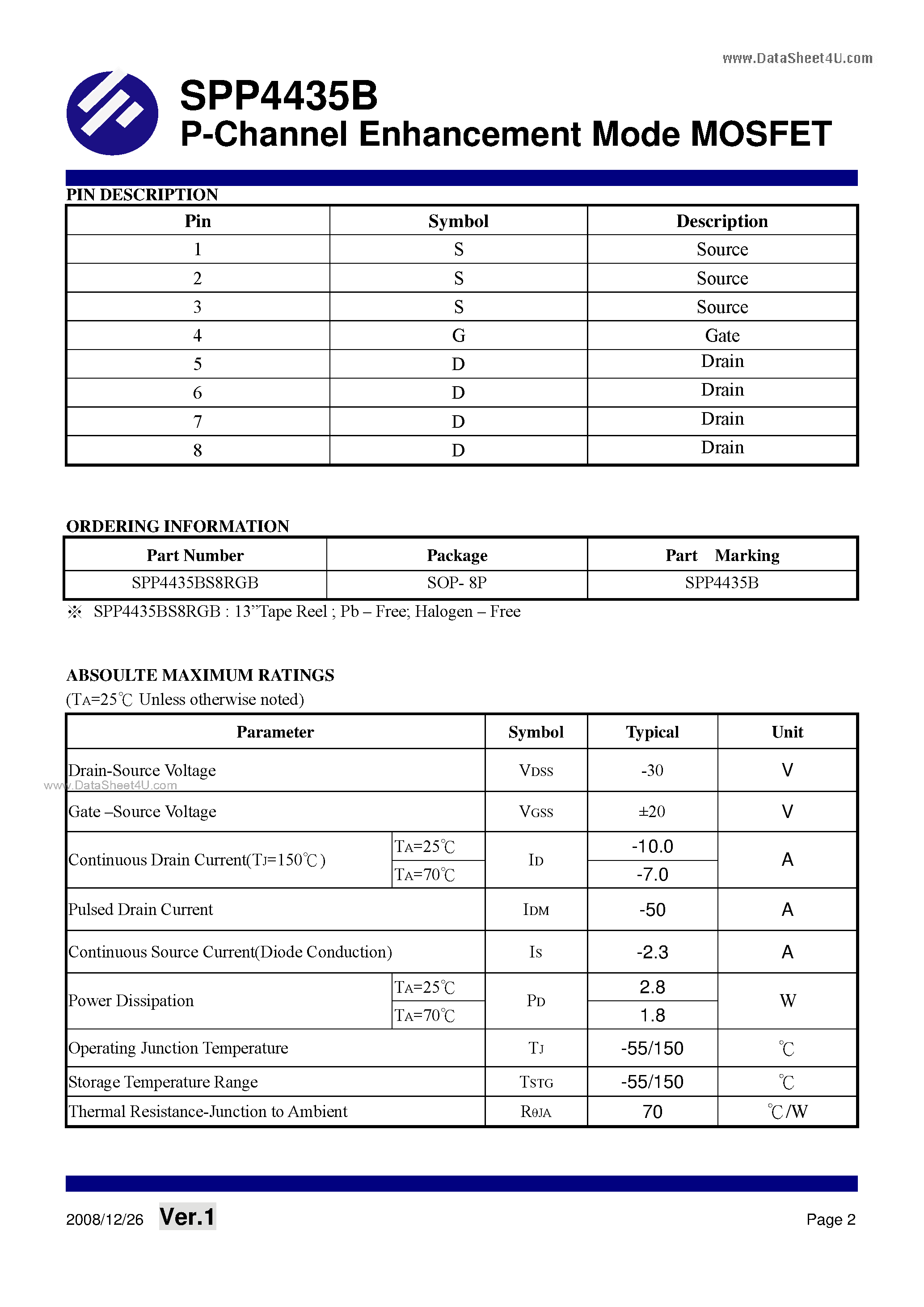 Даташит SPP4435B - P-Channel Enhancement Mode MOSFET страница 2