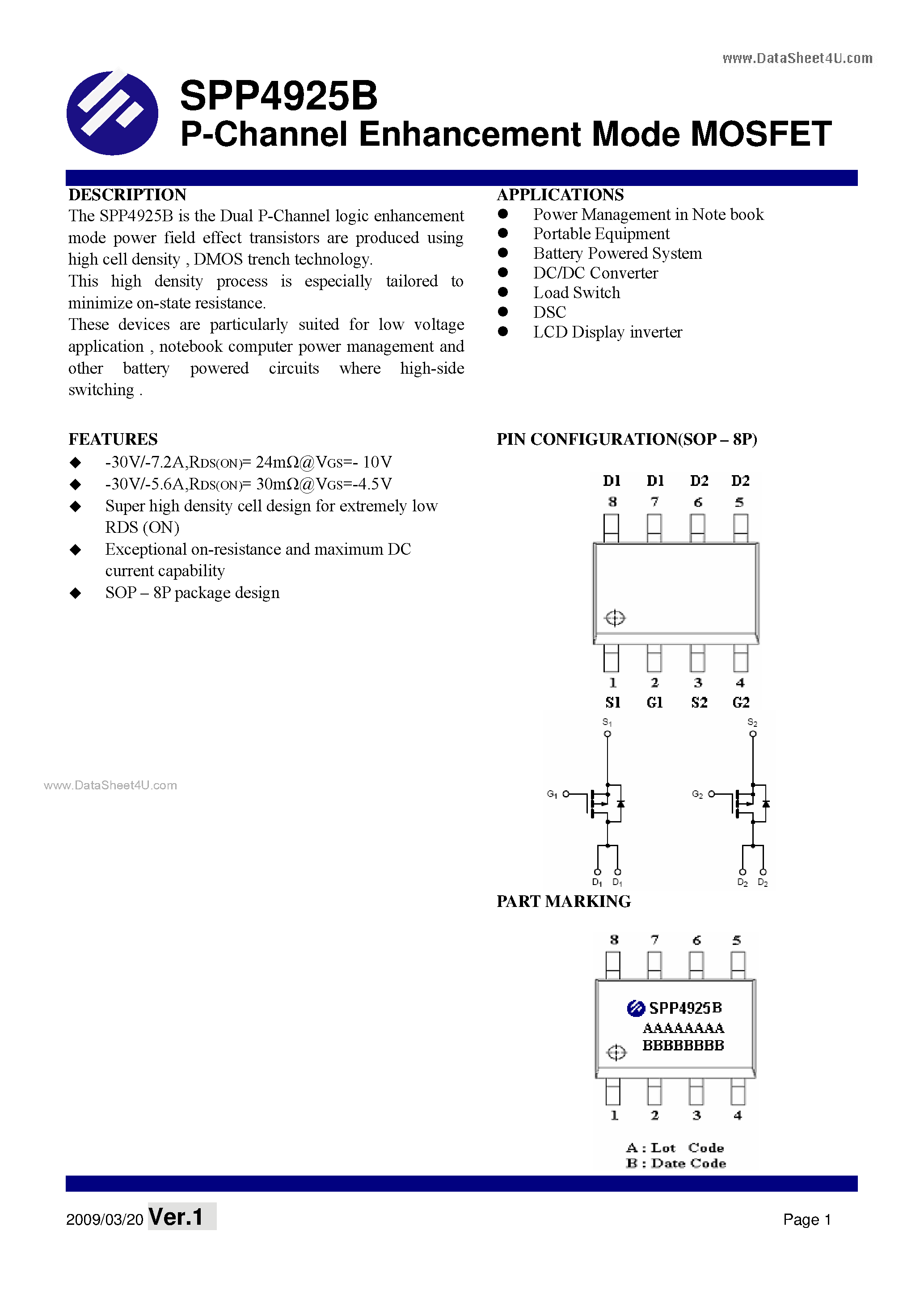 Даташит SPP4925B - P-Channel Enhancement Mode MOSFET страница 1
