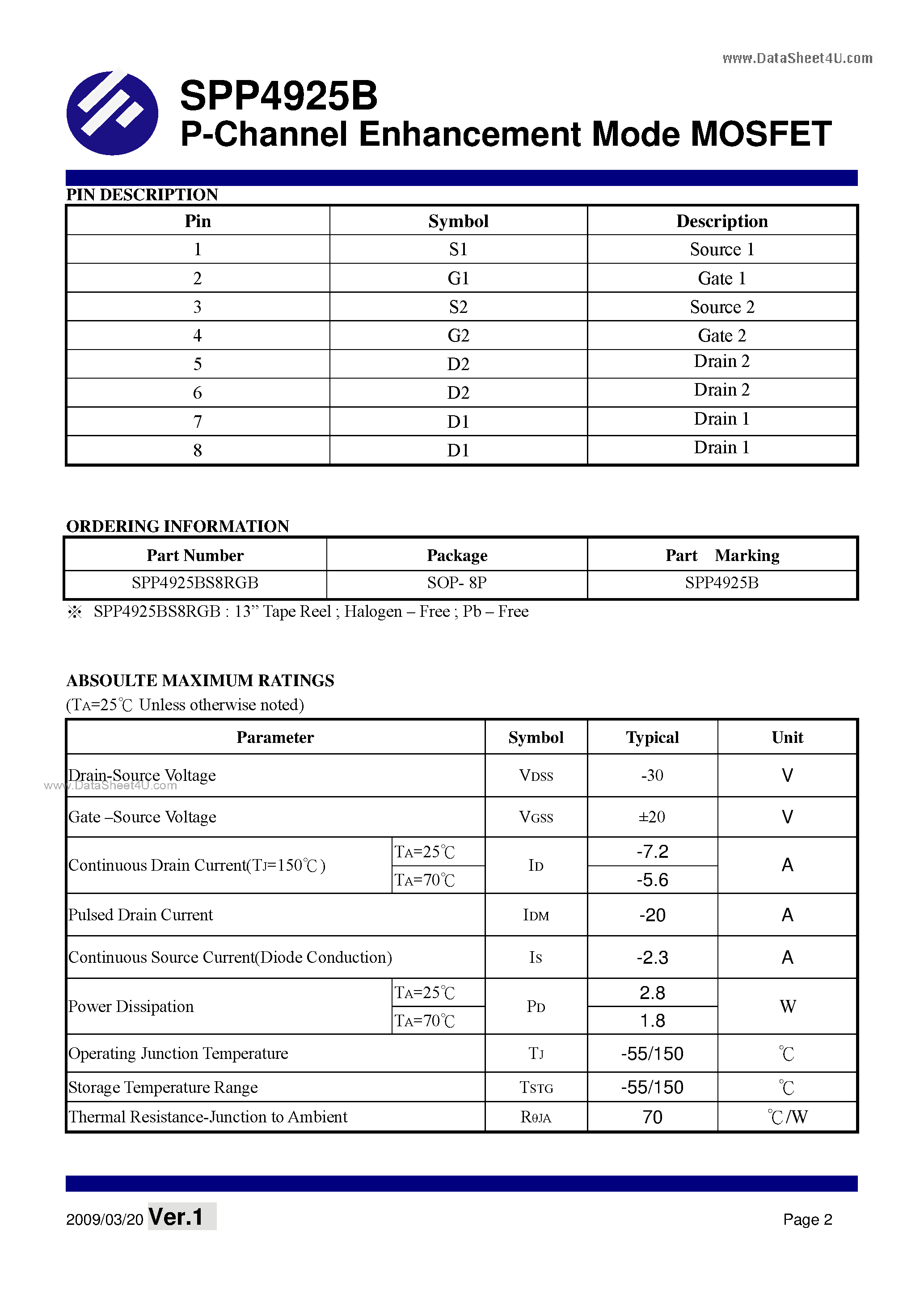 Даташит SPP4925B - P-Channel Enhancement Mode MOSFET страница 2