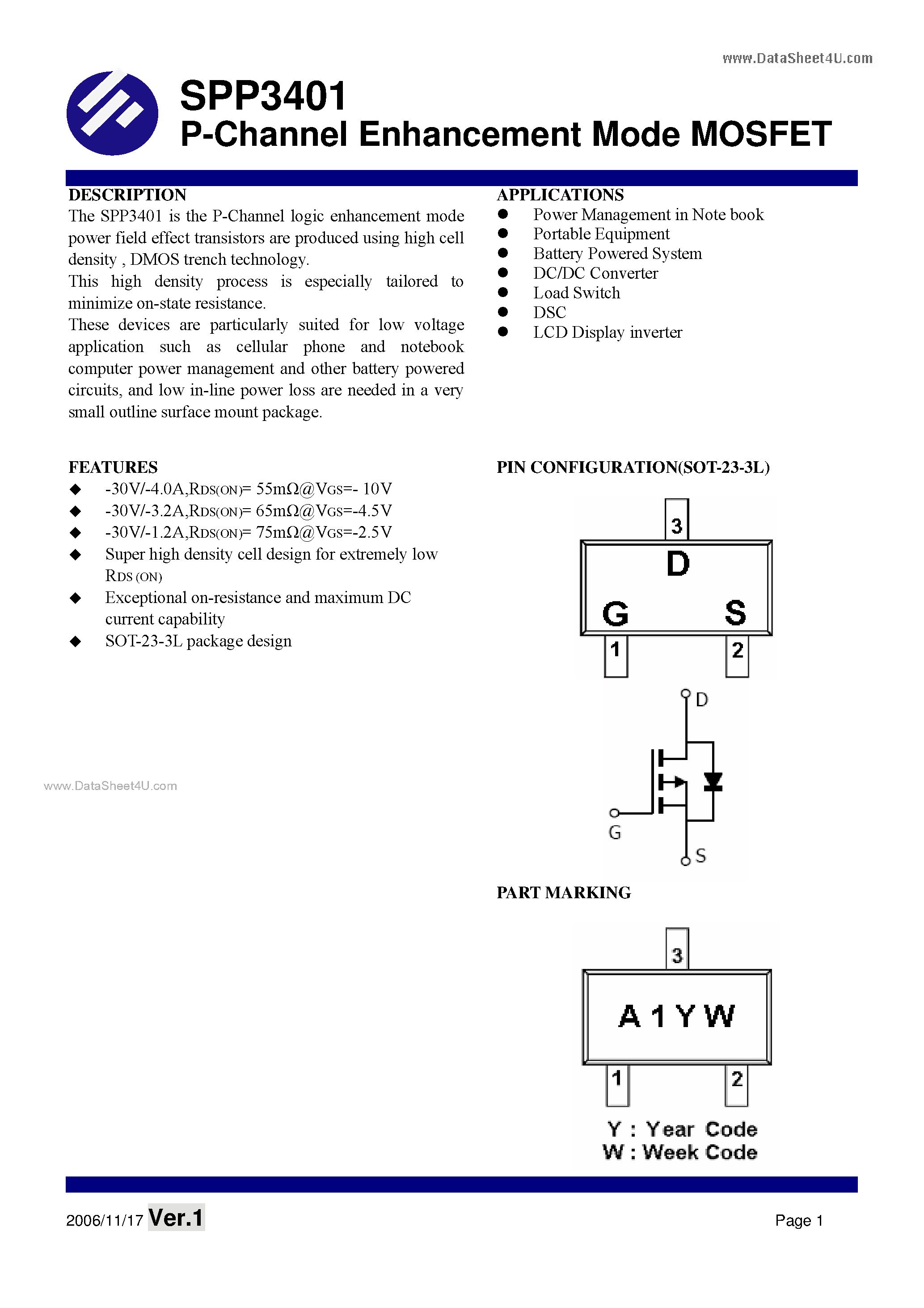 Datasheet SPP3401 - P-Channel Enhancement Mode MOSFET page 1