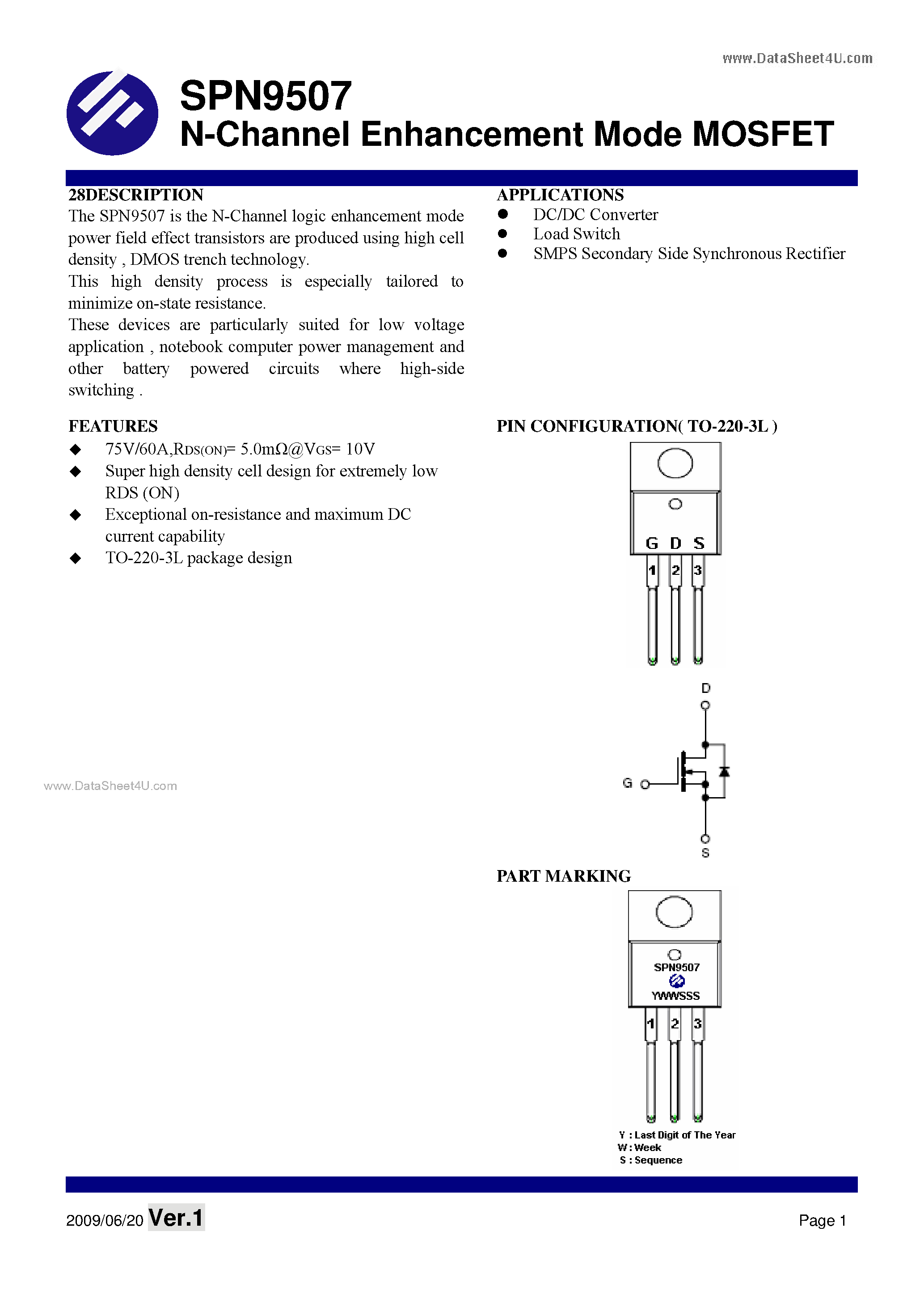 Datasheet SPN9507 - N-Channel Enhancement Mode MOSFET page 1