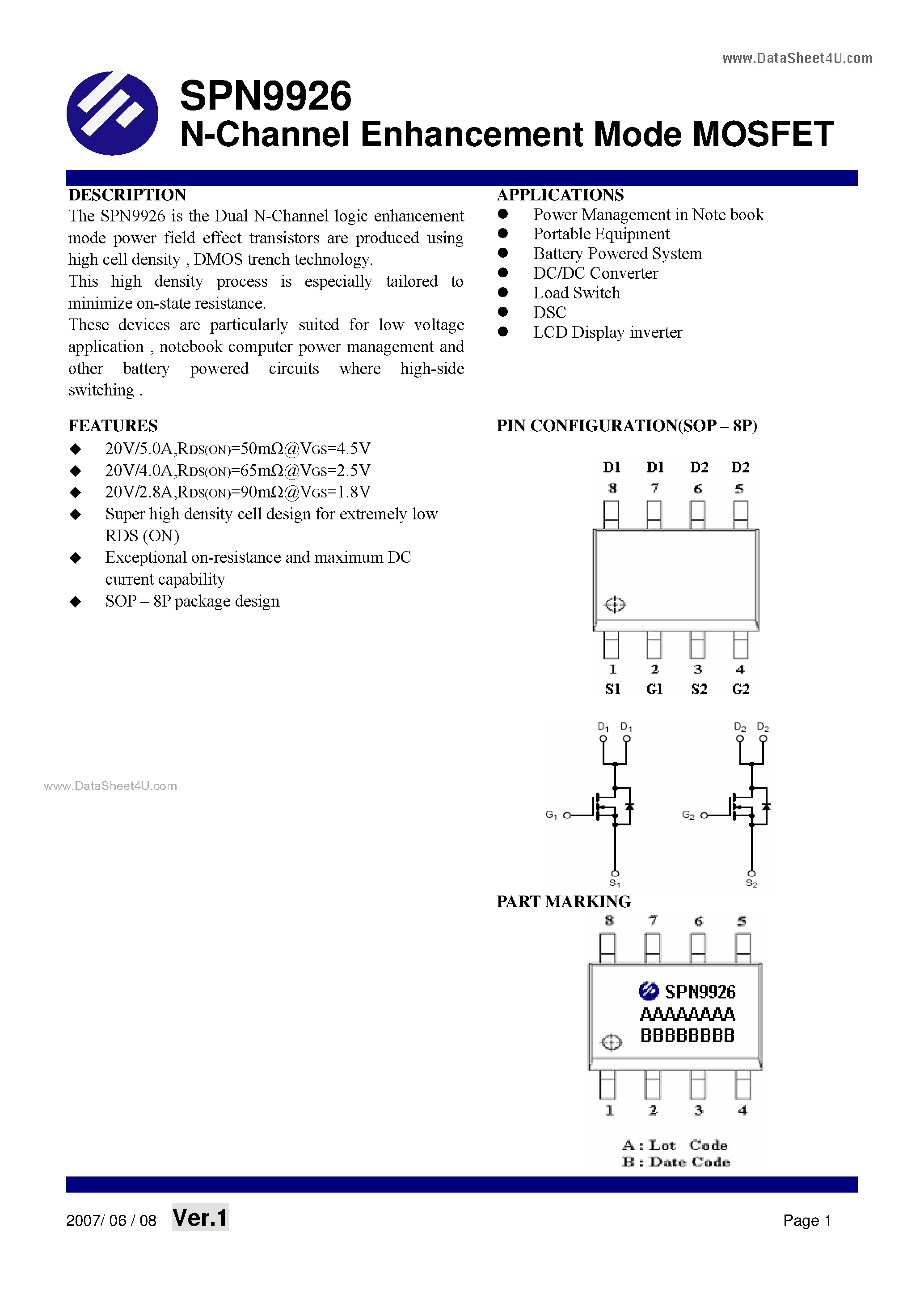 Datasheet SPN9926 - N-Channel Enhancement Mode MOSFET page 1