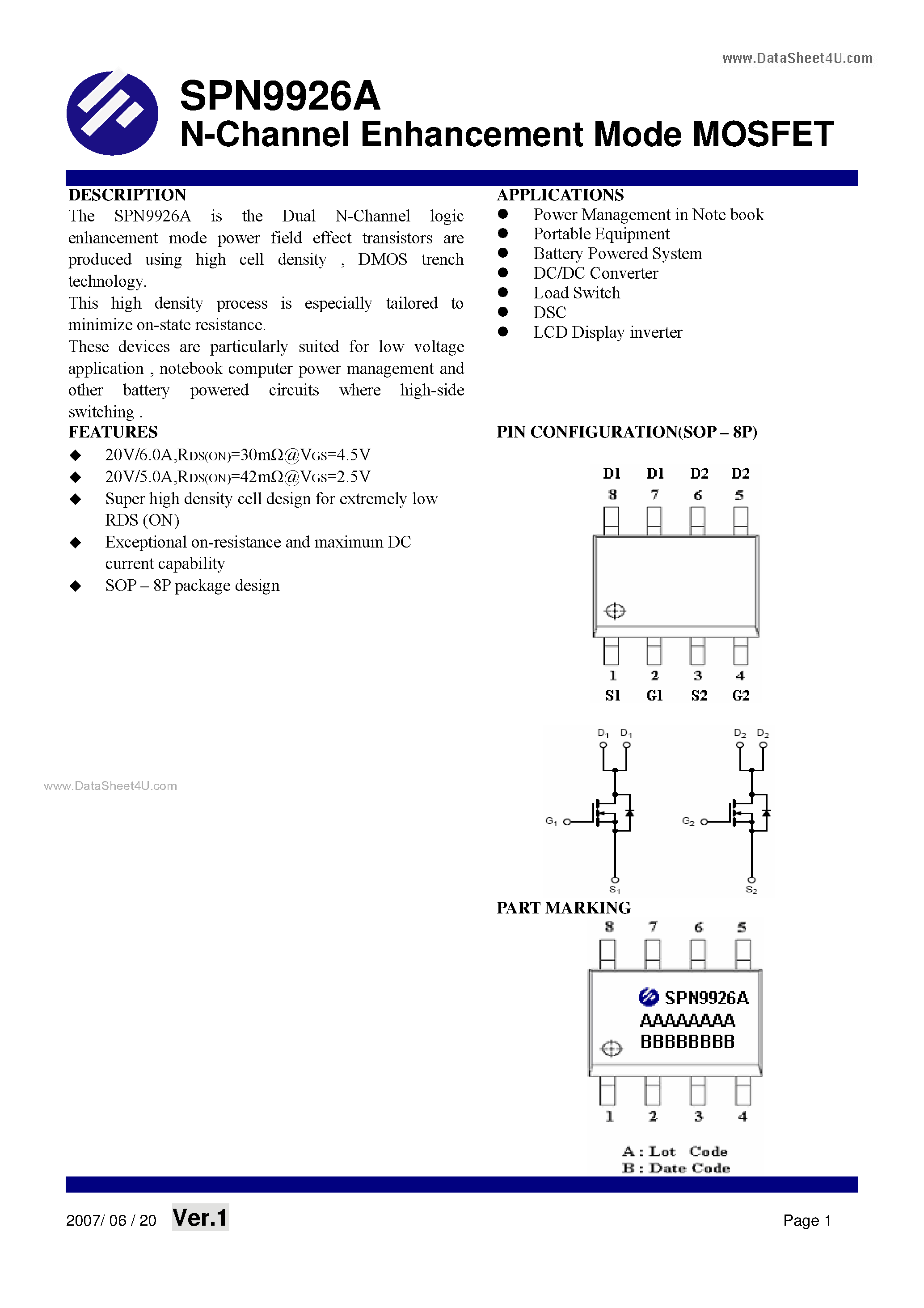 Datasheet SPN9926A - N-Channel Enhancement Mode MOSFET page 1