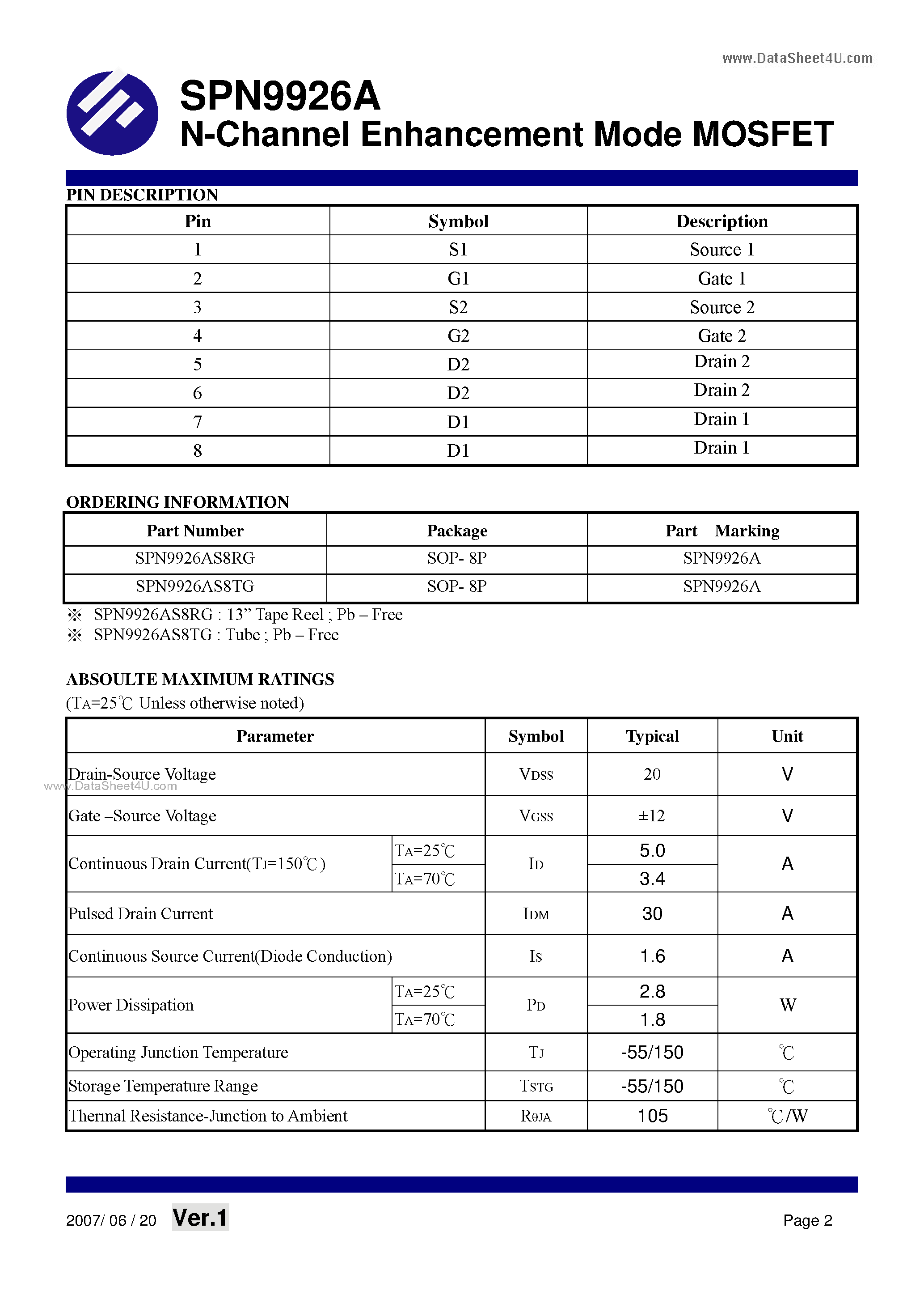 Datasheet SPN9926A - N-Channel Enhancement Mode MOSFET page 2