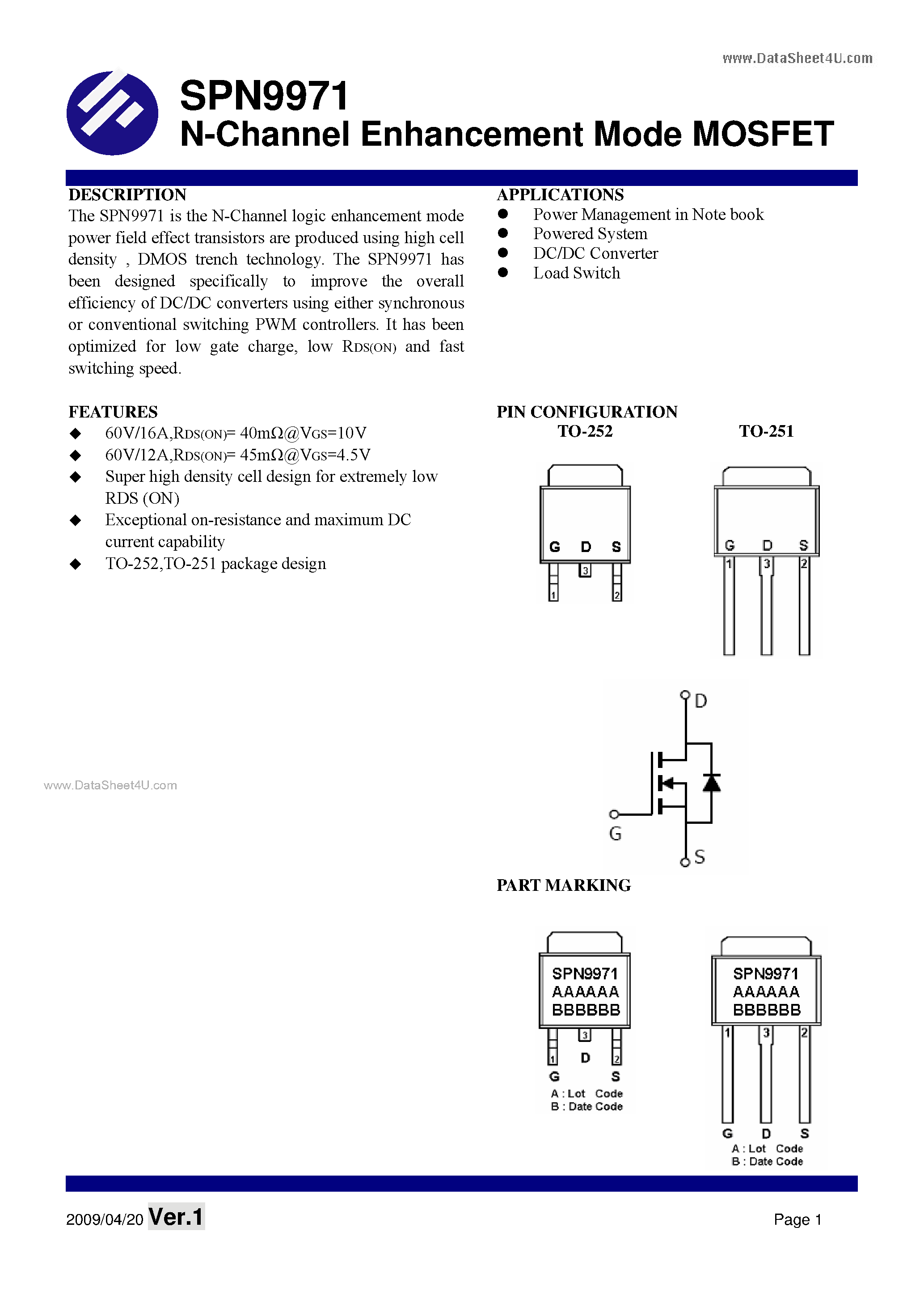Datasheet SPN9971 - N-Channel Enhancement Mode MOSFET page 1