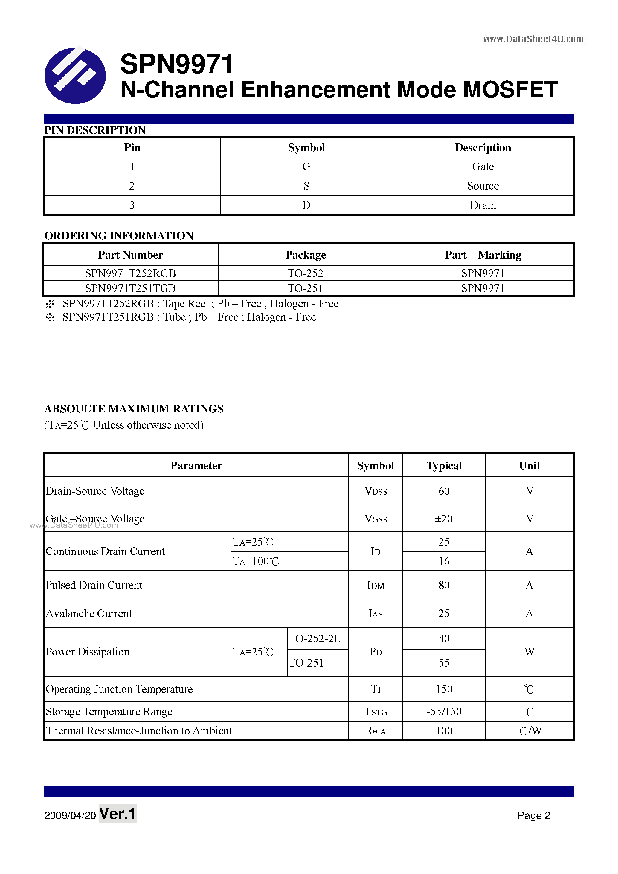 Datasheet SPN9971 - N-Channel Enhancement Mode MOSFET page 2