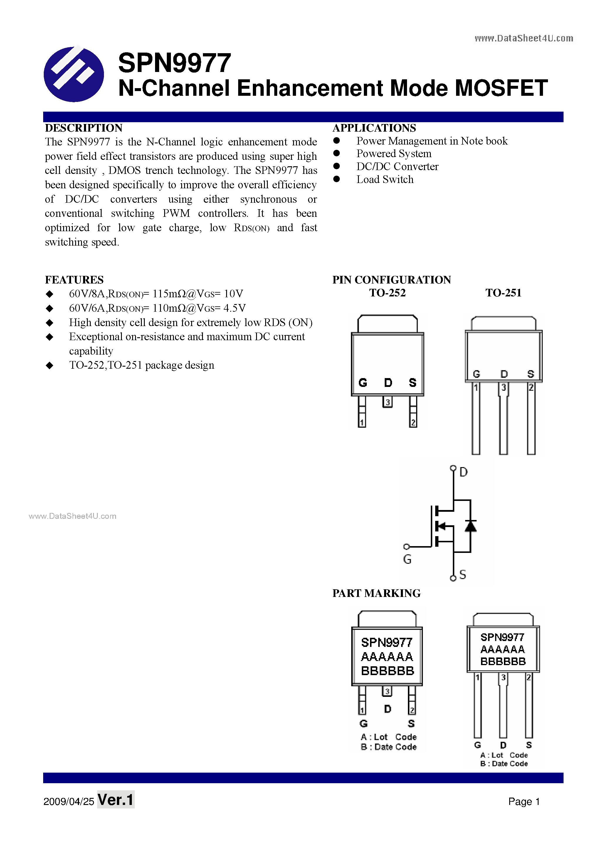 Datasheet SPN9977 - N-Channel Enhancement Mode MOSFET page 1