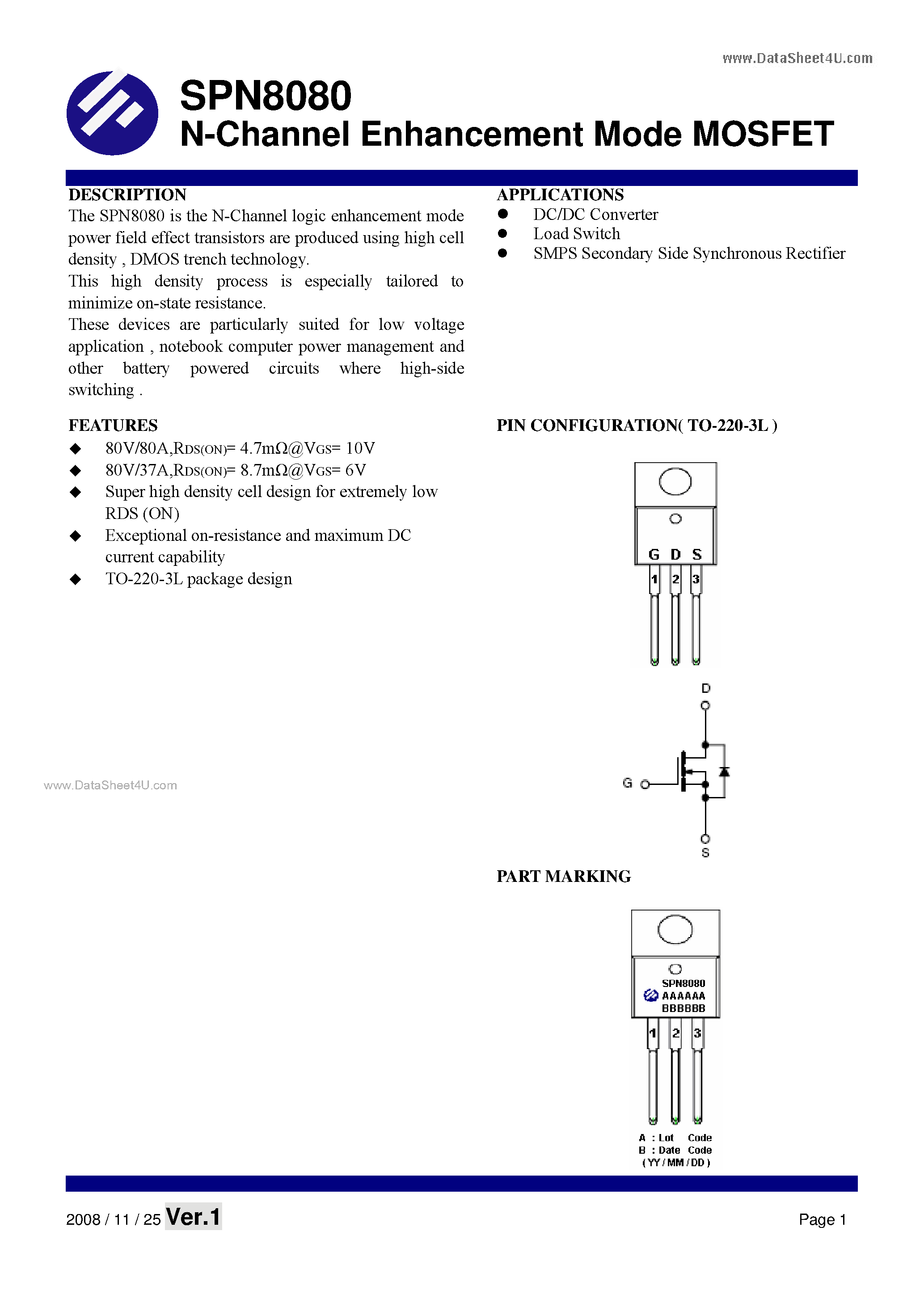 Datasheet SPN8080 - N-Channel Enhancement Mode MOSFET page 1