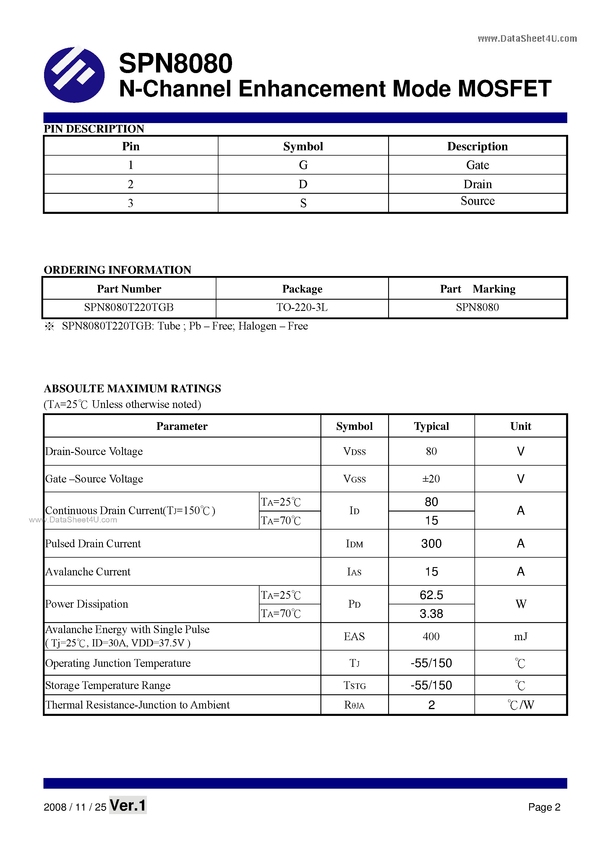 Datasheet SPN8080 - N-Channel Enhancement Mode MOSFET page 2