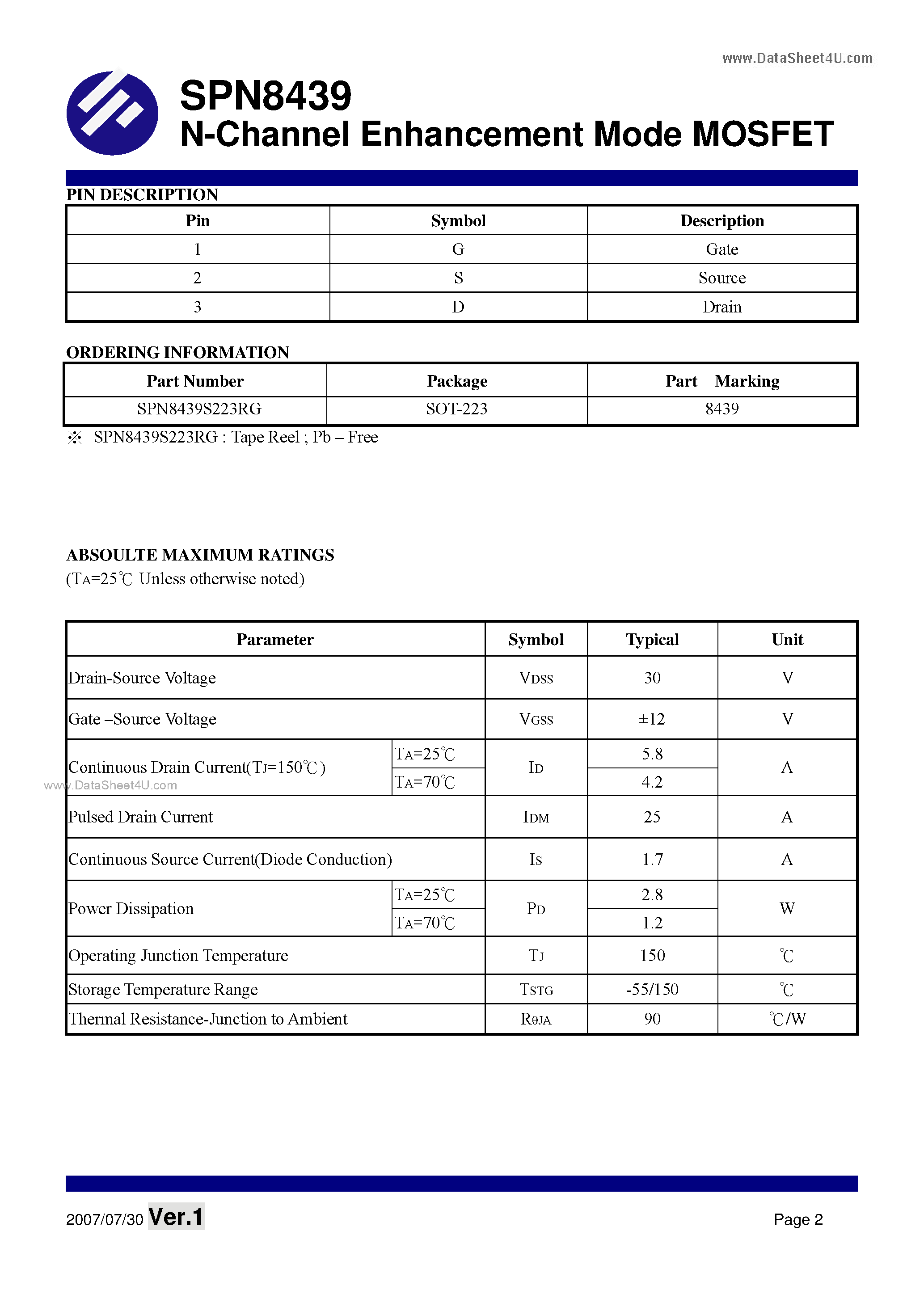 Datasheet SPN8439 - N-Channel Enhancement Mode MOSFET page 2