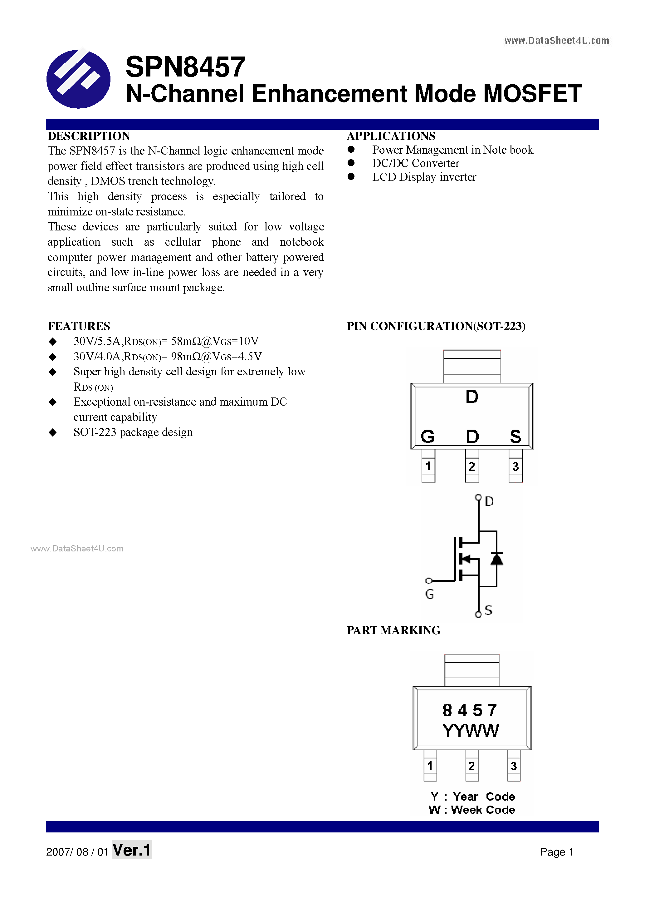 Datasheet SPN8457 - N-Channel Enhancement Mode MOSFET page 1