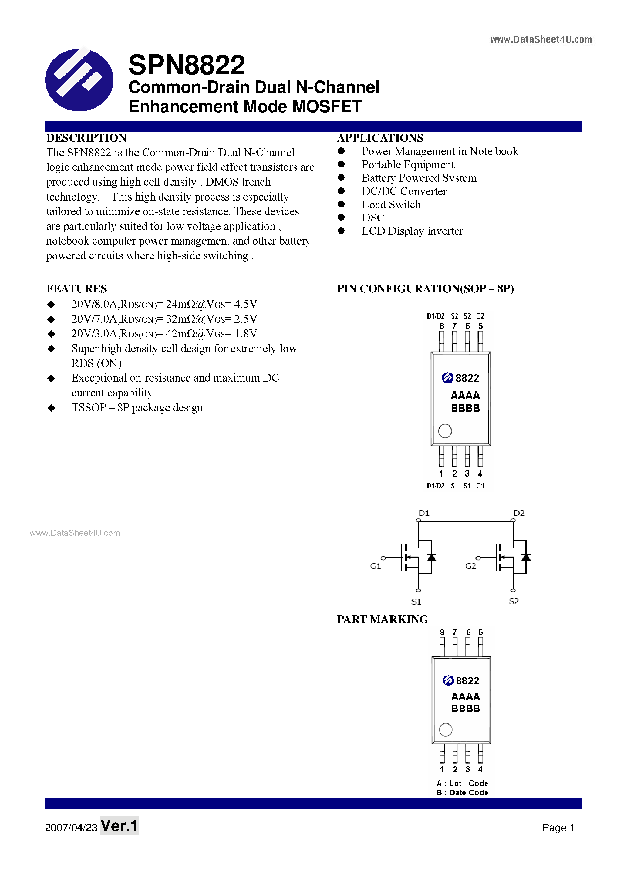 Datasheet SPN8822 - Dual N-Channel Enhancement Mode MOSFET page 1
