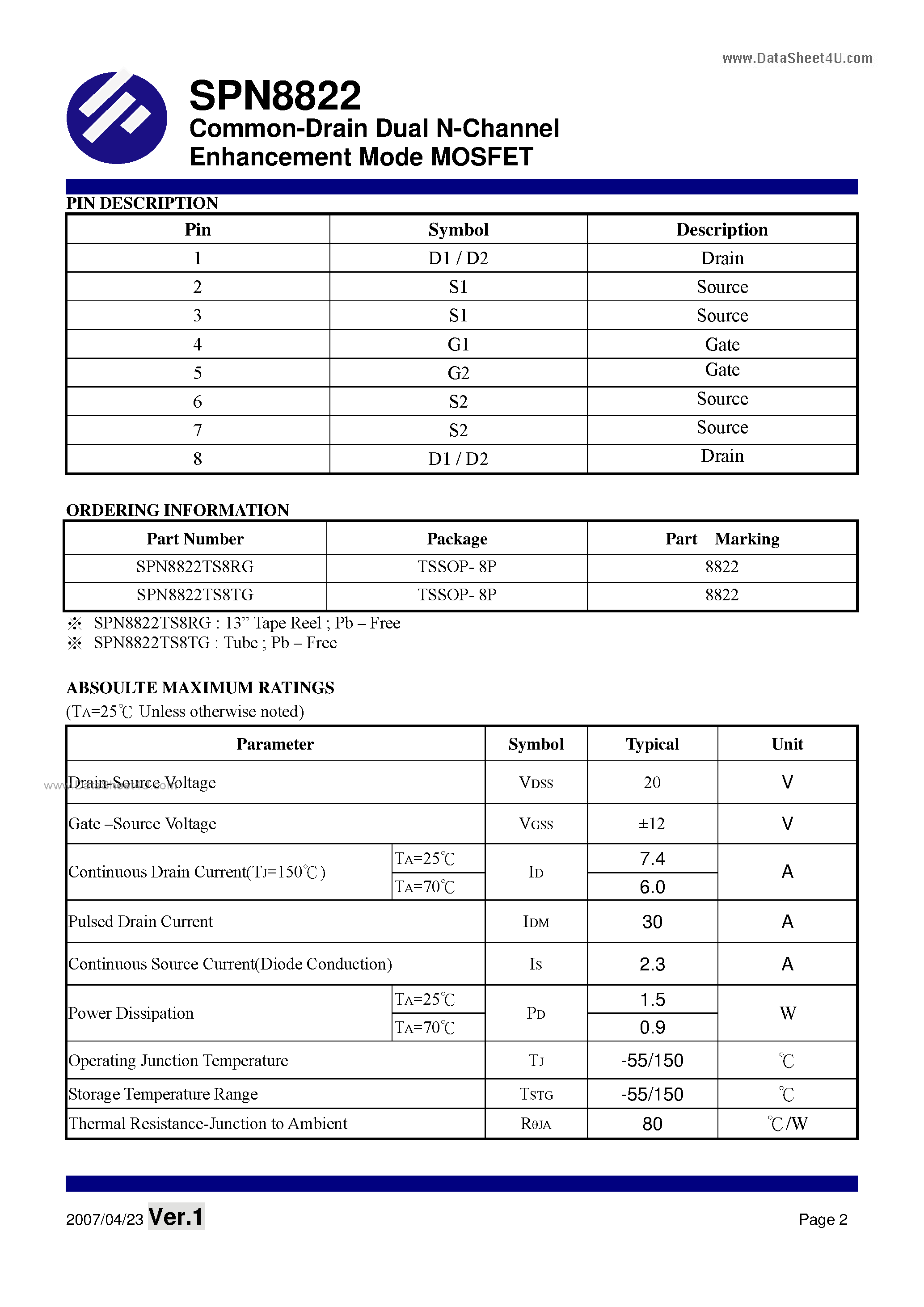 Datasheet SPN8822 - Dual N-Channel Enhancement Mode MOSFET page 2