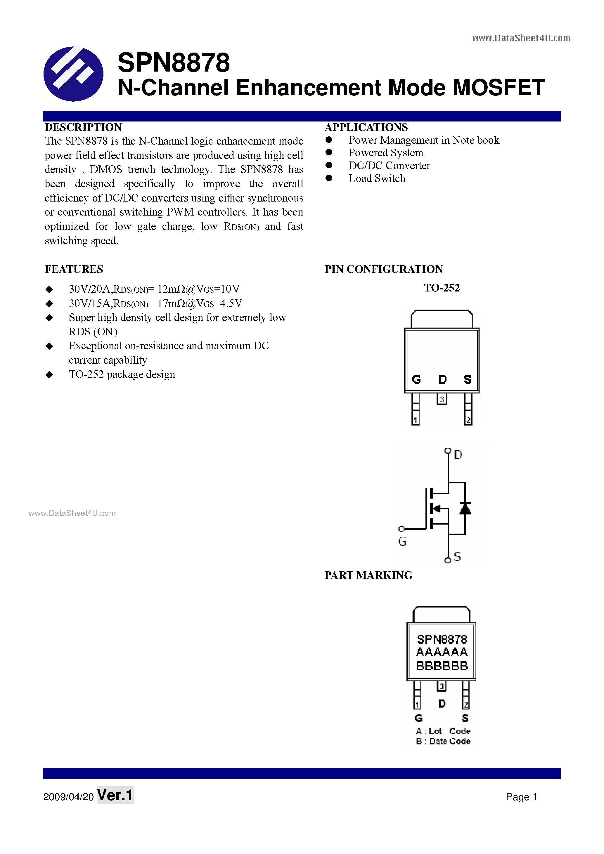 Datasheet SPN8878 - N-Channel Enhancement Mode MOSFET page 1