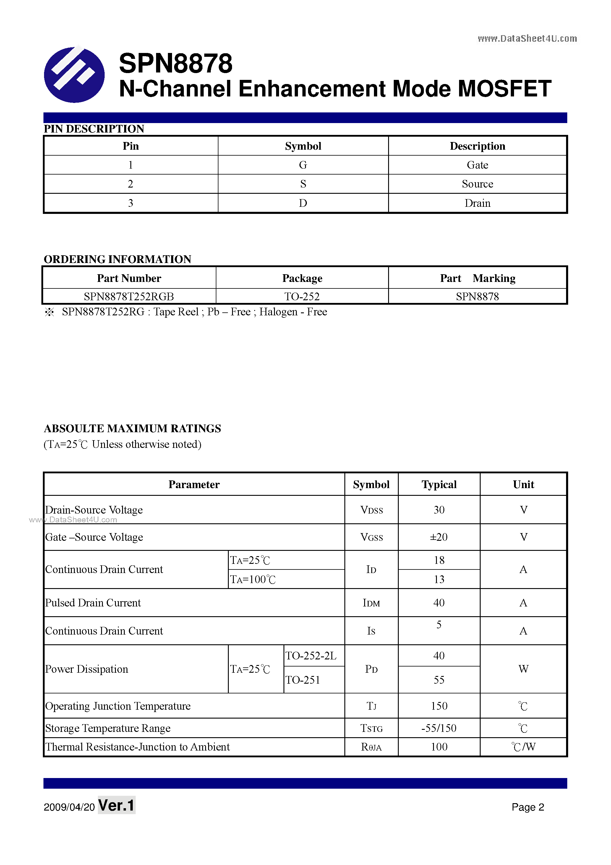 Datasheet SPN8878 - N-Channel Enhancement Mode MOSFET page 2