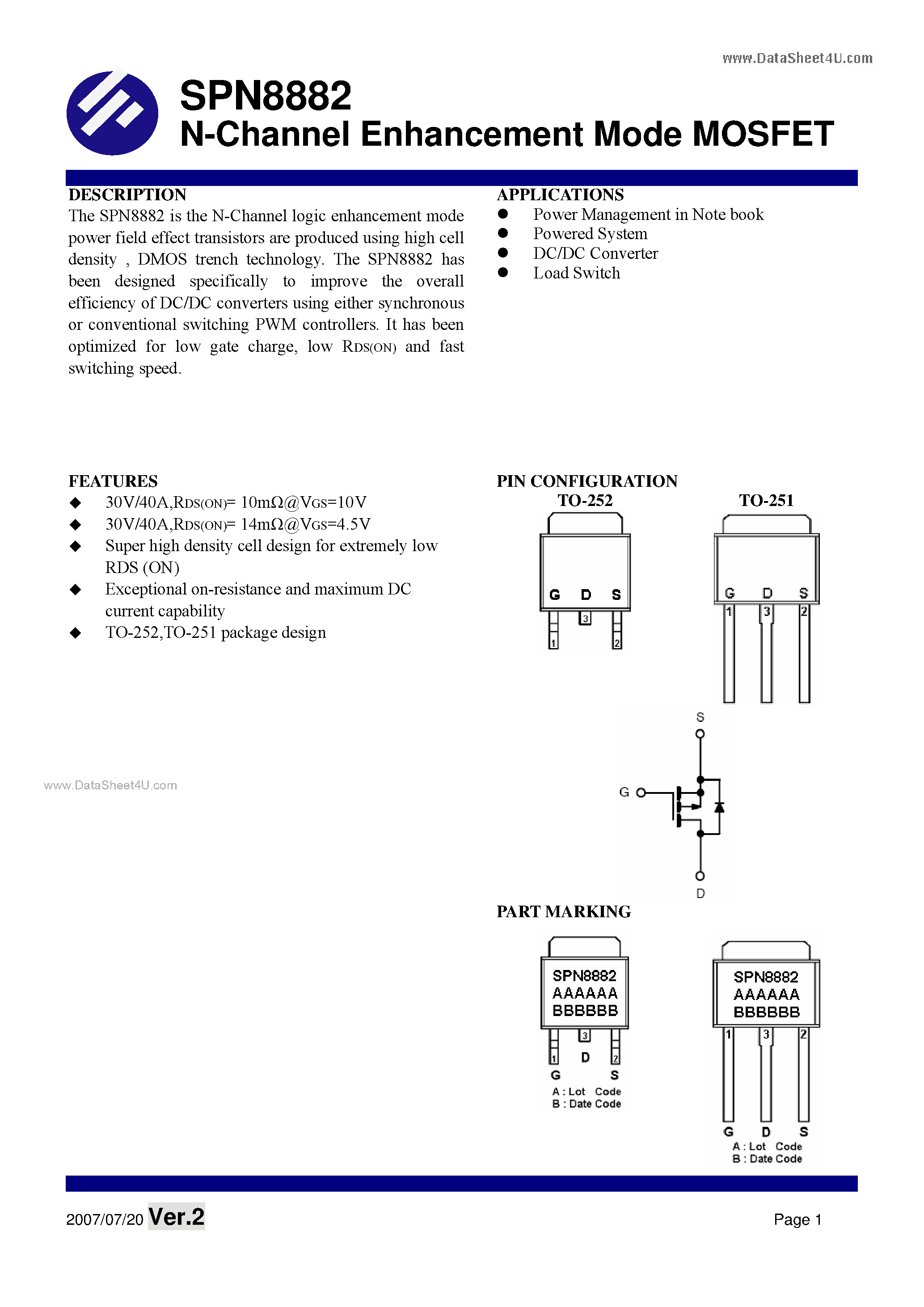 Datasheet SPN8882 - N-Channel Enhancement Mode MOSFET page 1